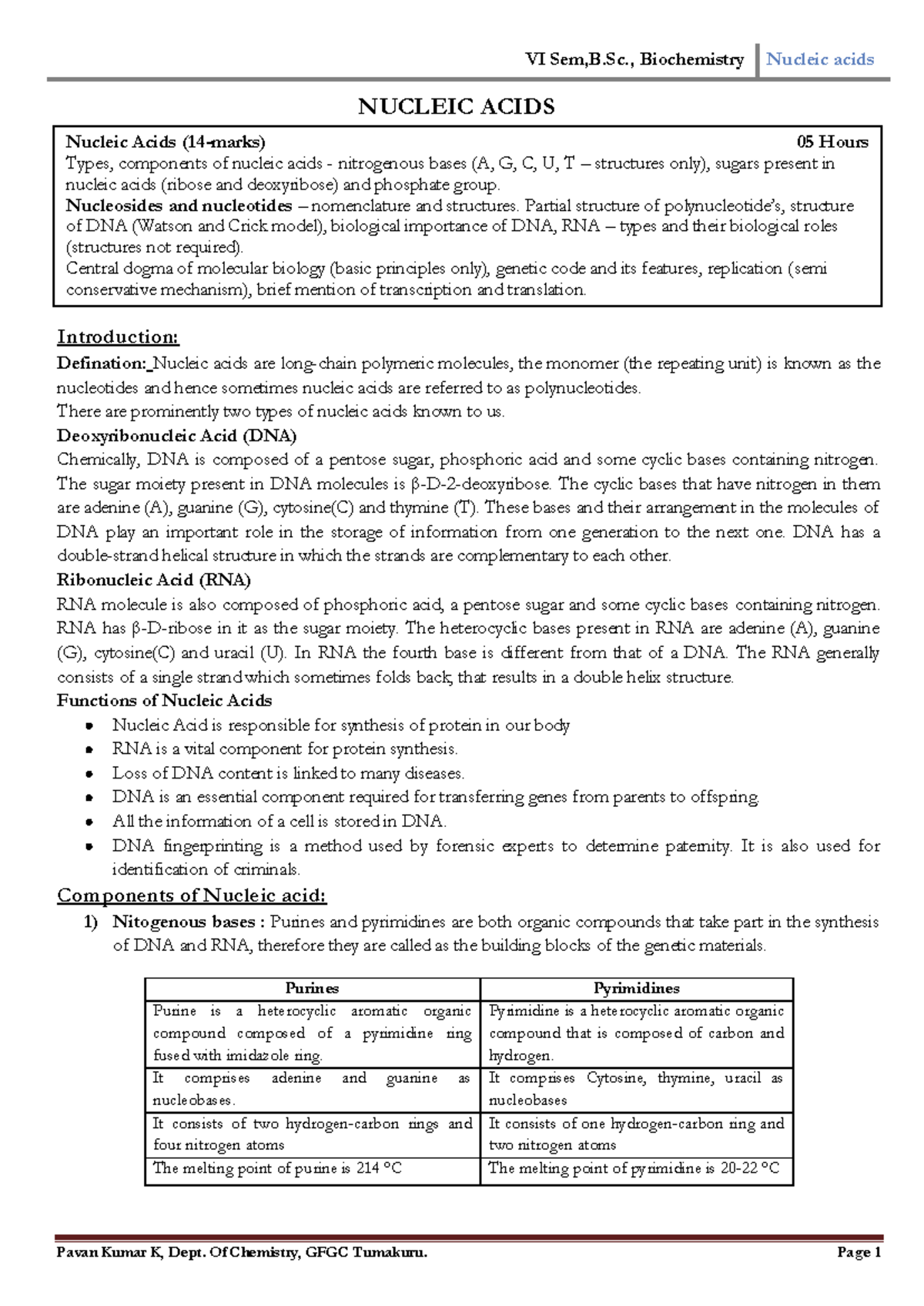 VI Sem, B.Sc., Biochemistry: Nucleic Acids Overview and Functions - Studocu
