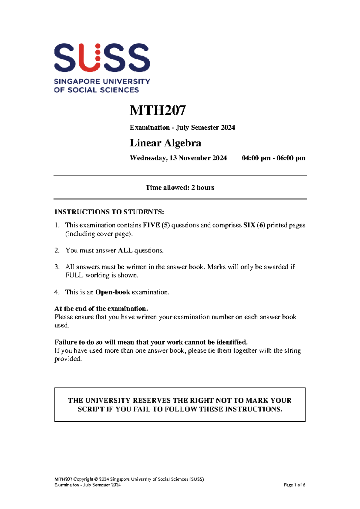 MTH207 July 2024 Exam Paper - Linear Algebra Questions - Studocu