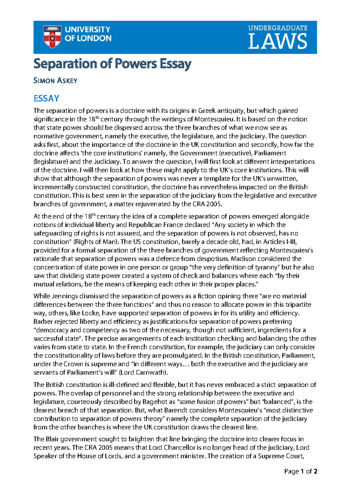 Importance of Separation of Powers in UK constitution and its affect on ...