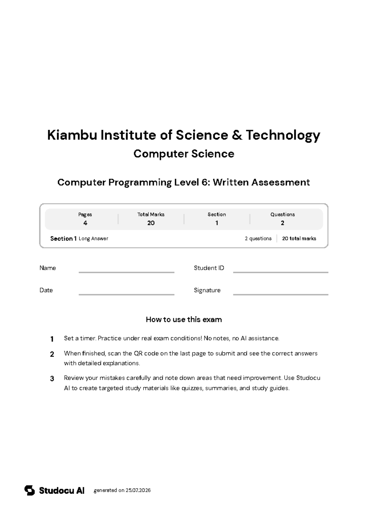 Computer Programming Level 6: Written Assessment - Studocu