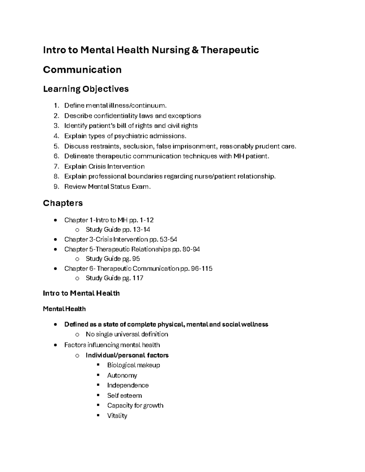 Mental Health Nursing Exam 1 Study Guide: Key Concepts & Objectives ...