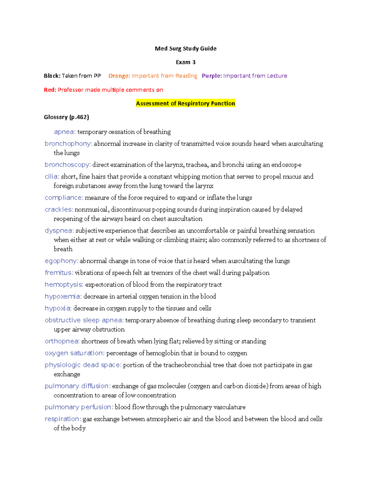 Med Surg SG Exam 3 Review: Respiratory Function & Anatomy - Studocu
