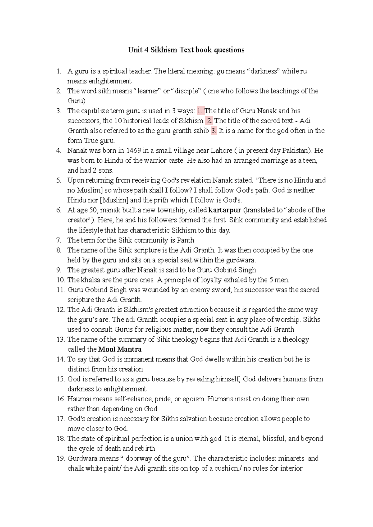 Unit 4 Sikhism Textbook Questions and Key Concepts - Studocu