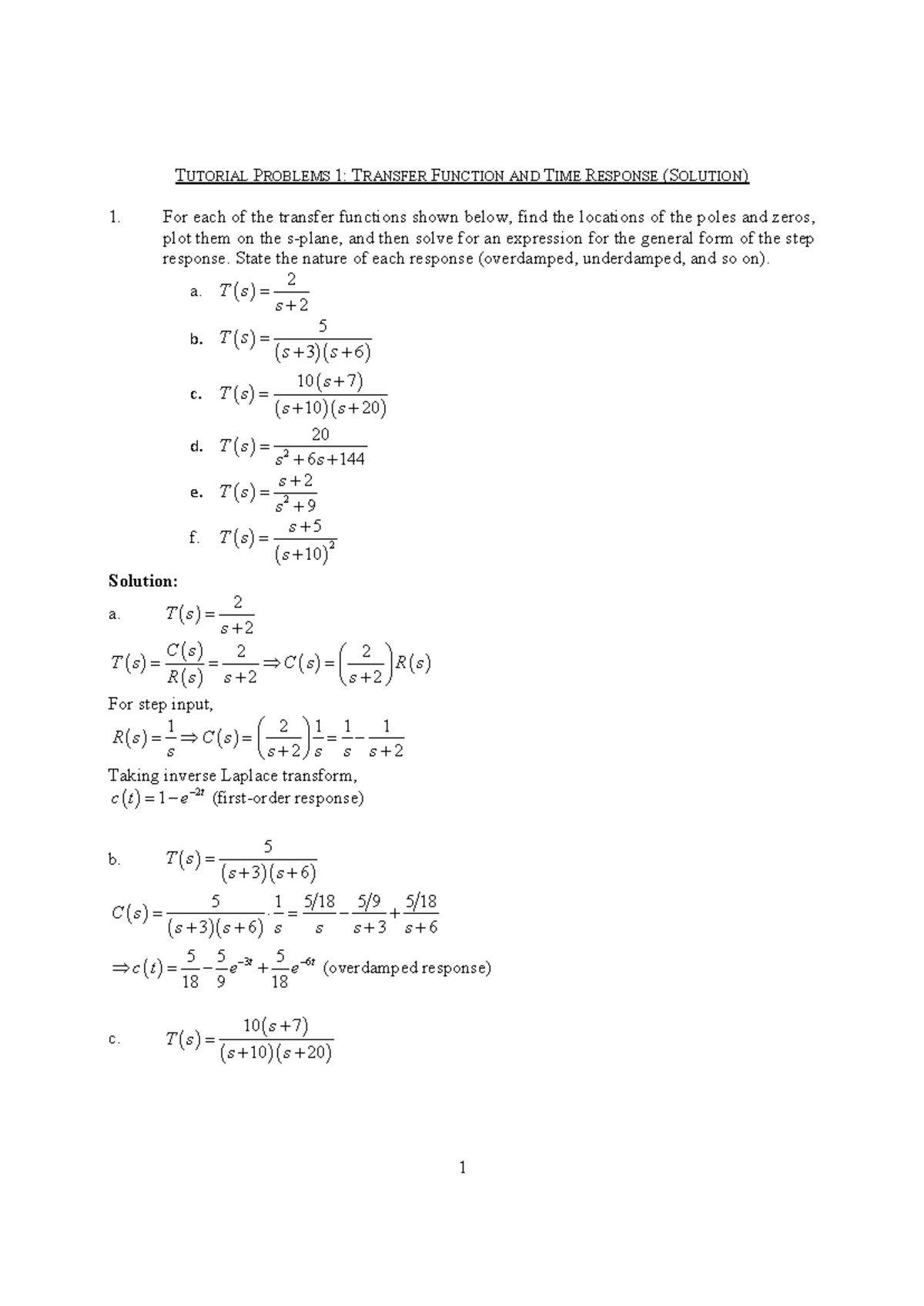 Transfer Function and Time Response Solutions: Tutorial Problems 1 - Document Preview