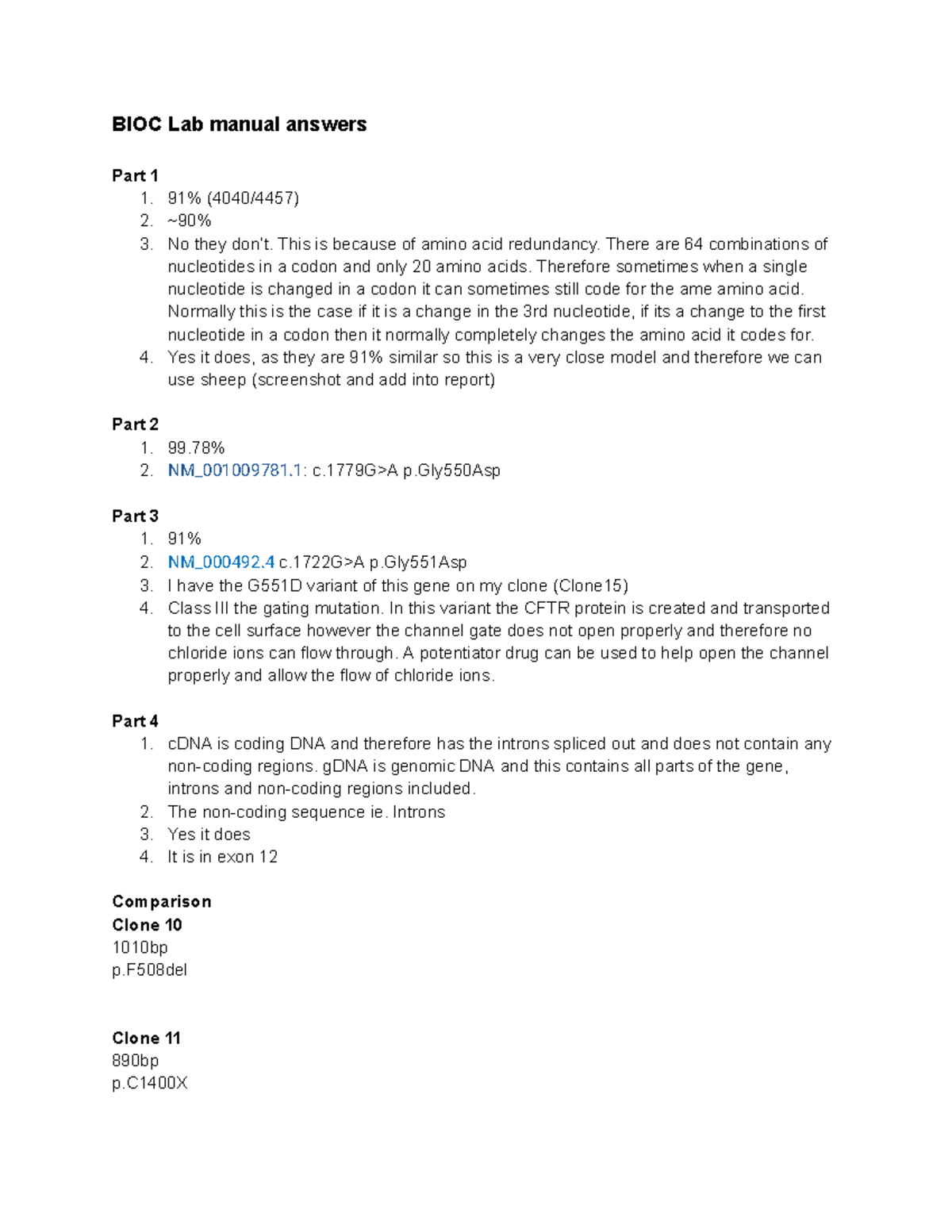 BIOC Lab Manual Answers: Amino Acid Redundancy & CFTR Variants - Studocu