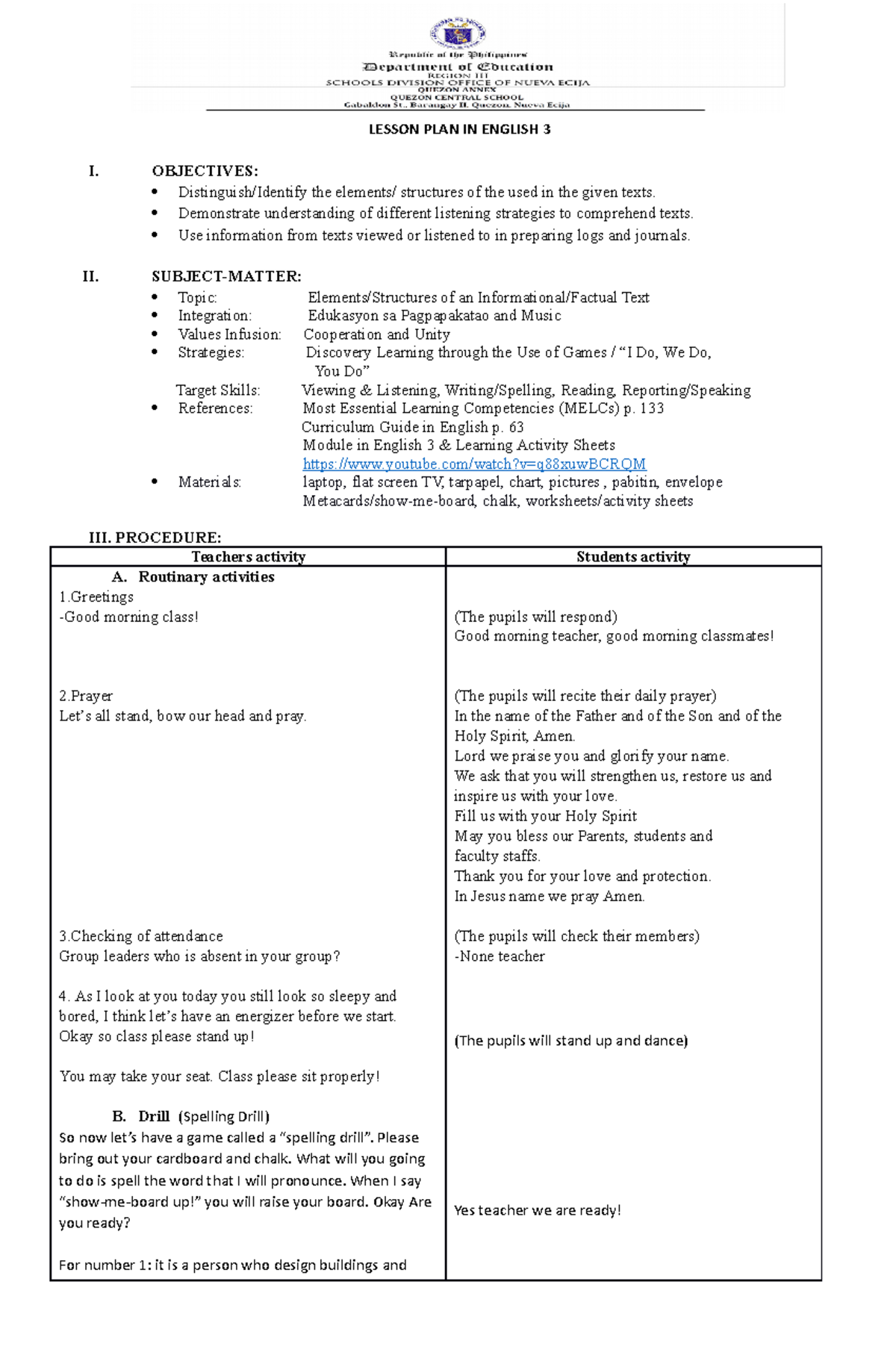 Lesson Plan for Science 3: Understanding Informational Texts - Studocu