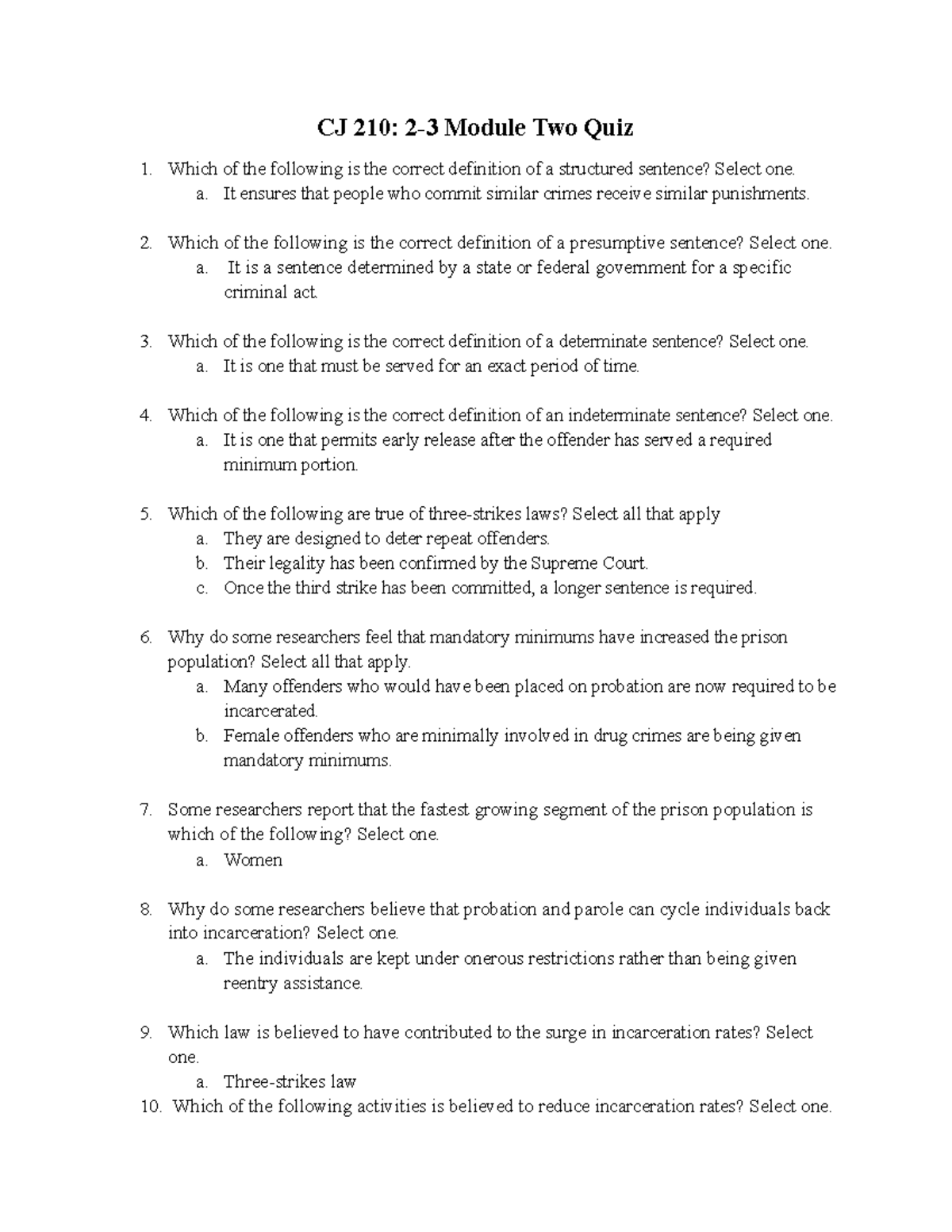 CJ 210: Module Two Quiz on Sentencing and Incarceration Rates - Studocu