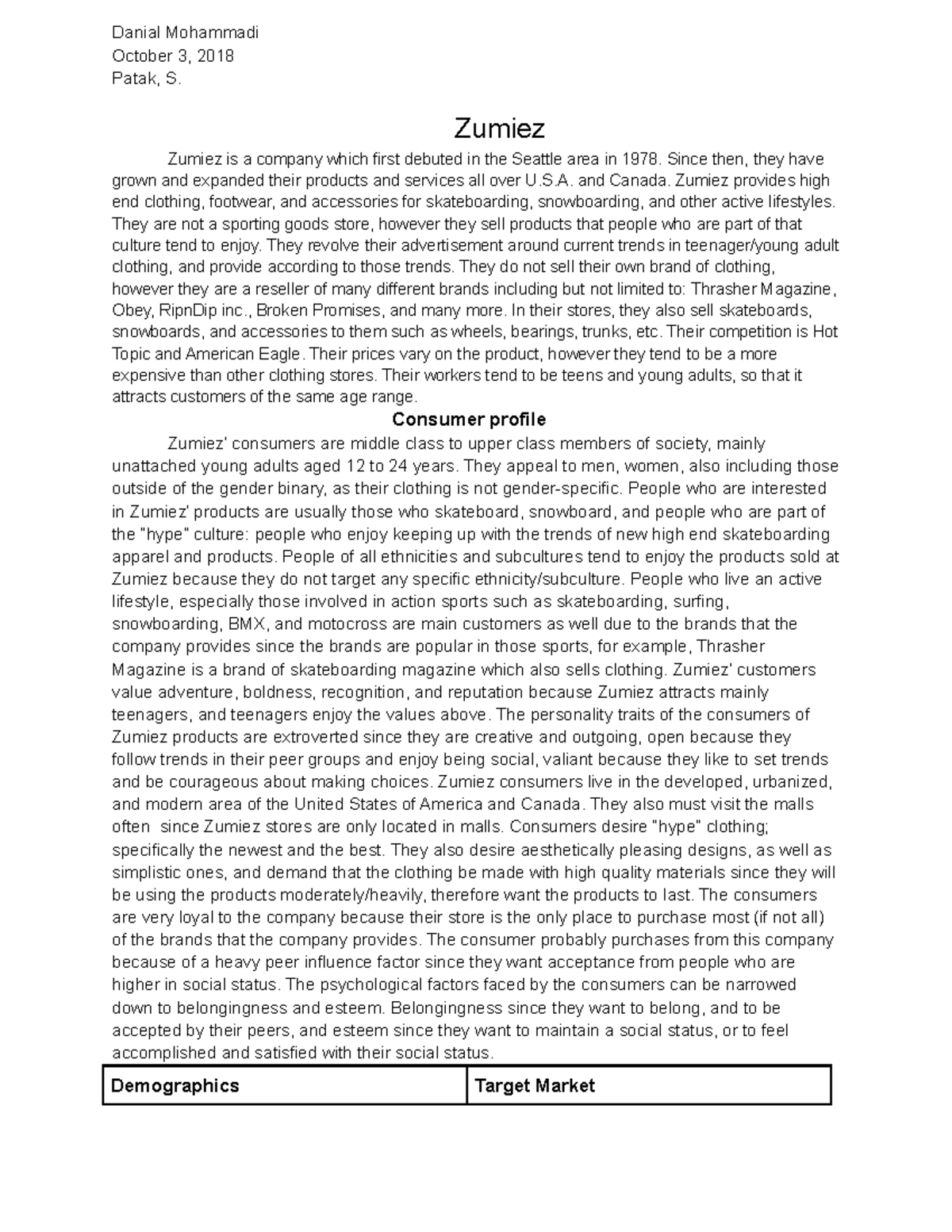 Zumiez Consumer Profile Analysis Assignment (MKTG 101) - Studocu