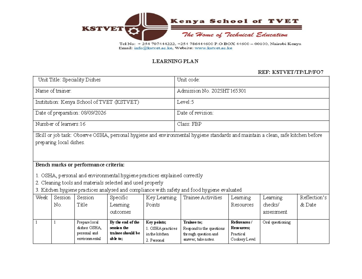Learning Plan: Week 01 - Speciality Dishes (FBP5) - Studocu