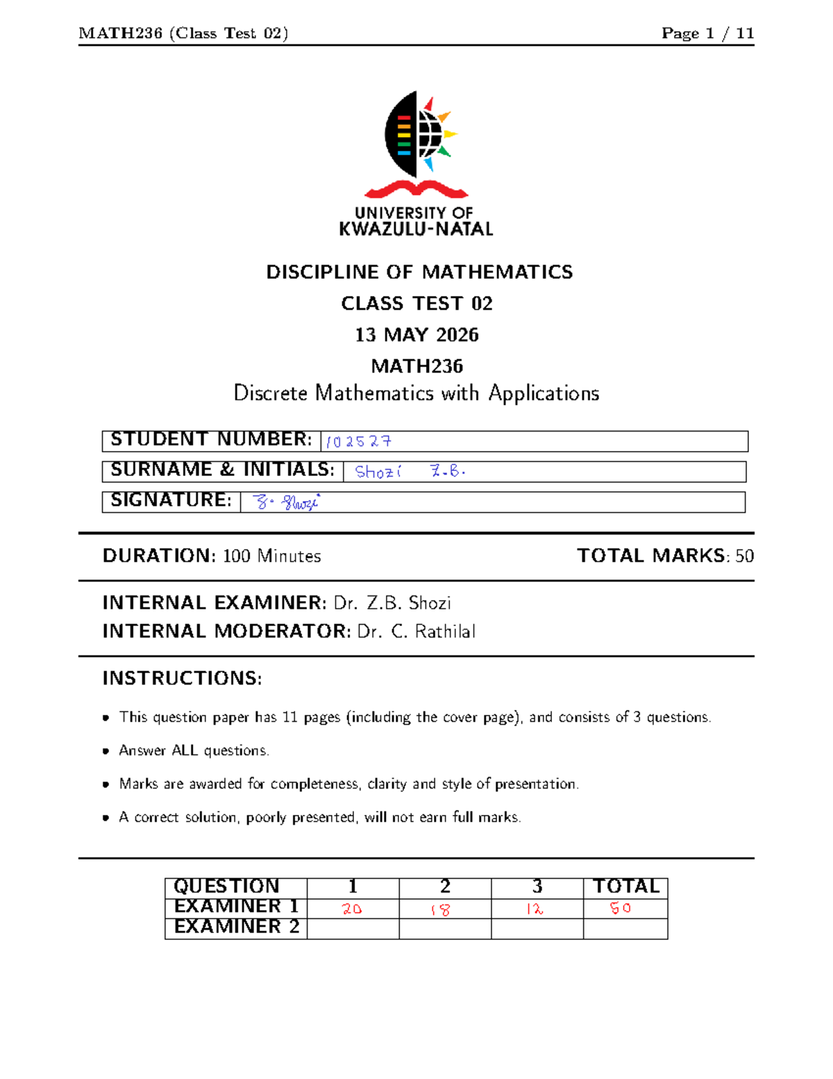 MATH236 Class Test 02 - Discrete Mathematics (May 2026) - Studocu