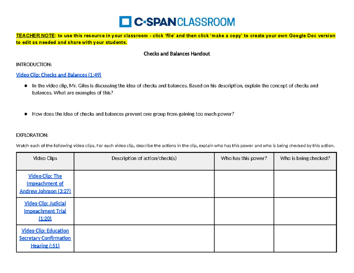 EDU 101: Checks and Balances Handout for Classroom Use - Studocu