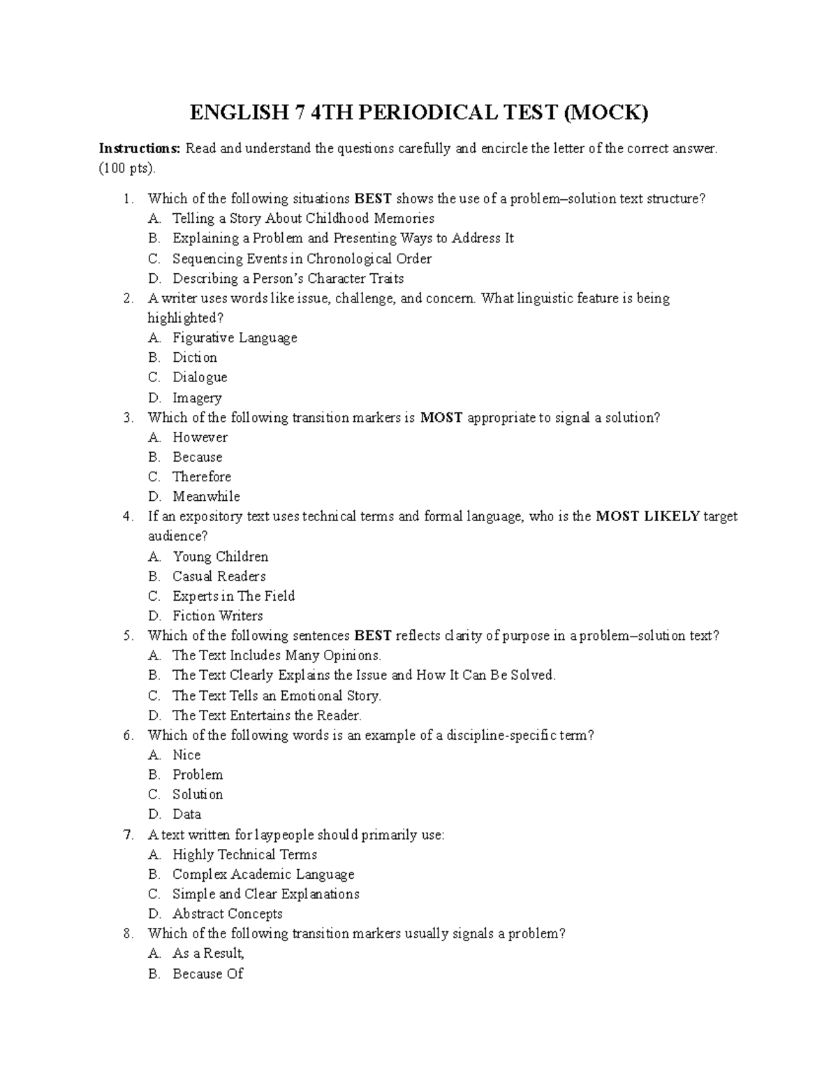 ENGLISH 7 4TH PERIODICAL TEST (MOCK) - Comprehensive Review Guide - Studocu