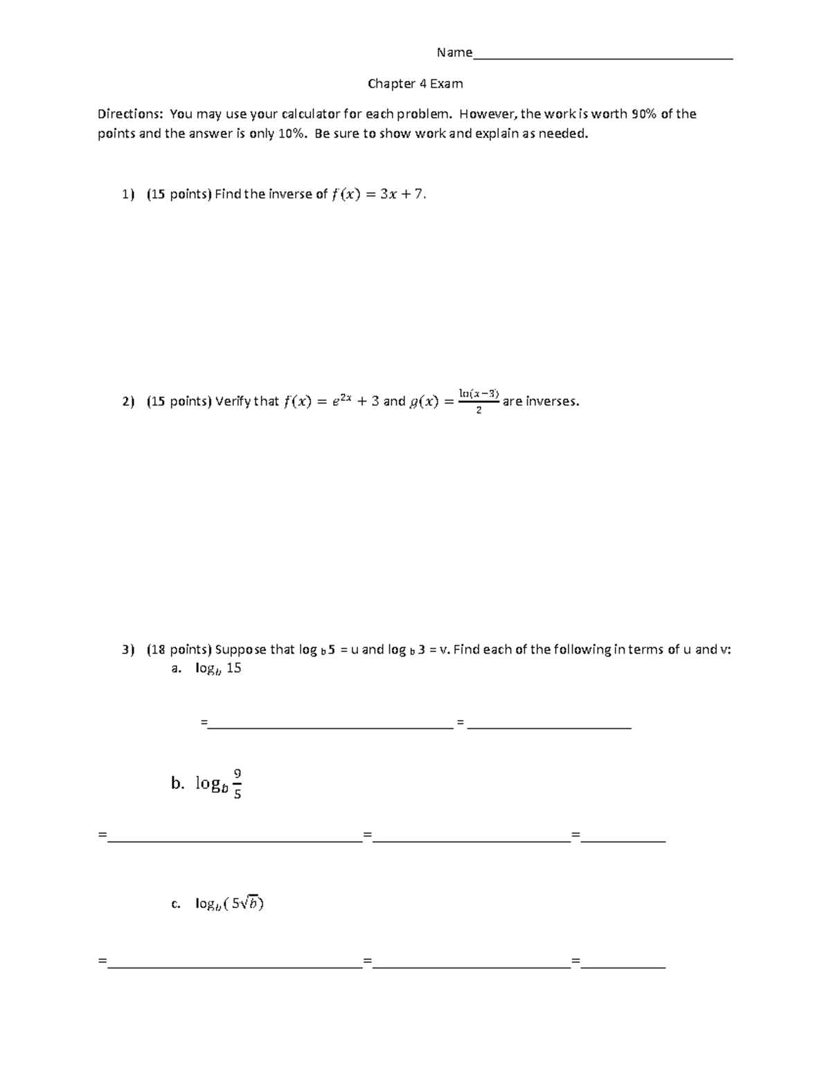 Chapter 4 Exam: Inverse Functions & Logarithmic Equations - Studocu