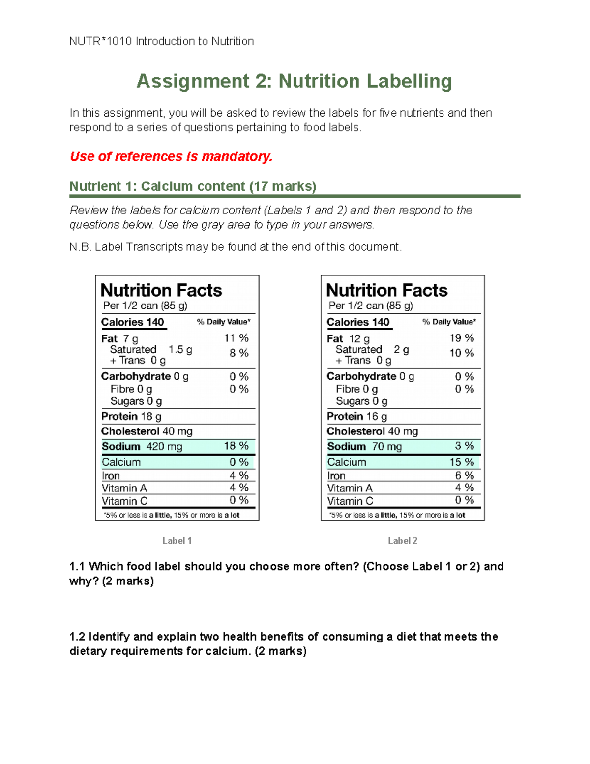 NUTR1010DE Assignment 2: Nutrition Labelling Analysis Worksheet - Studocu