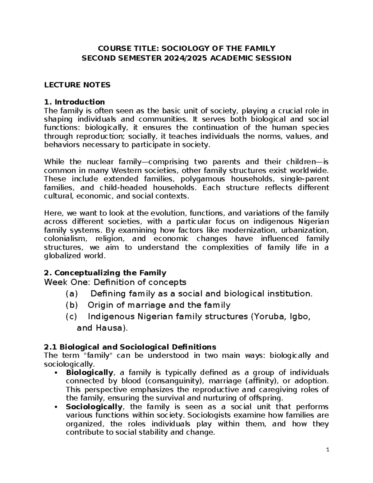Sociology of the Family: Lecture Notes for SOC 101 - Second Semester ...