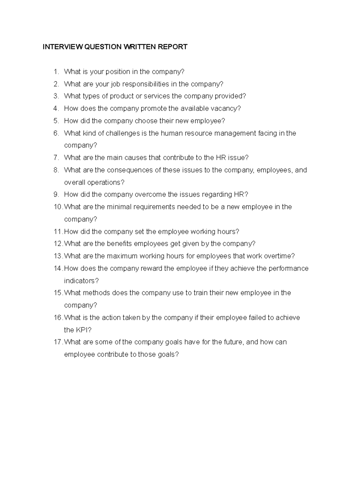 Interview Question Written Report - INTERVIEW QUESTION WRITTEN REPORT ...