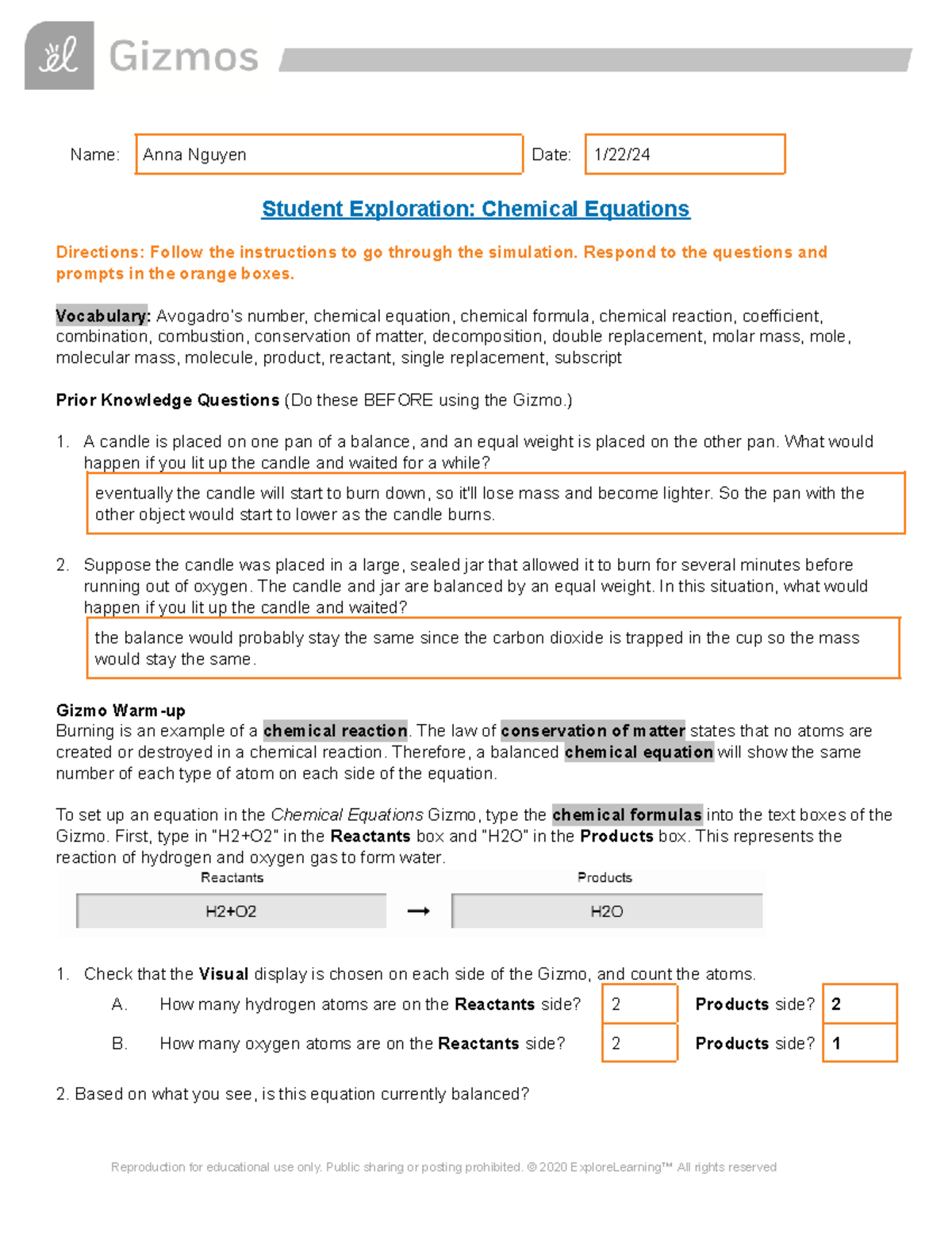Copy of Chem Equations SE: Student Exploration Guide - Studocu