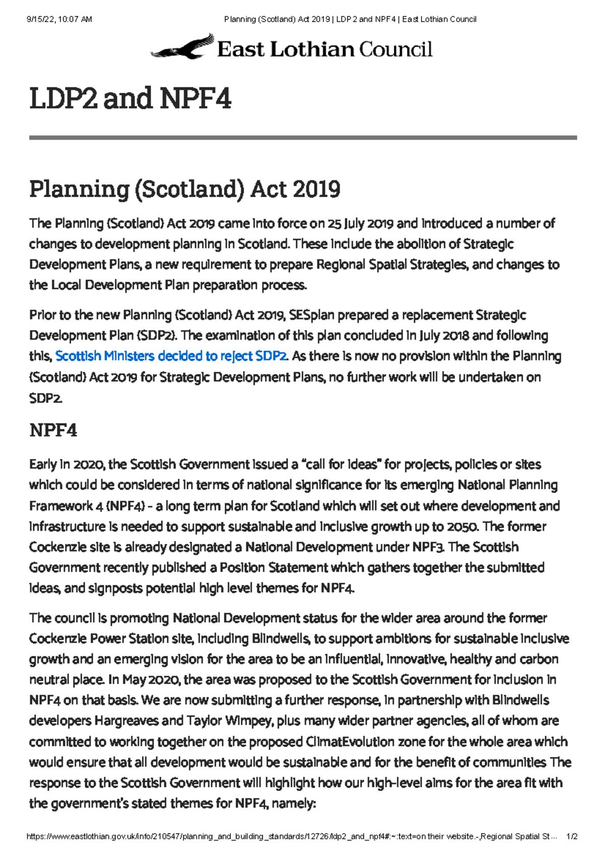 Planning (Scotland) Act 2019: LDP2 & NPF4 Overview for East Lothian ...