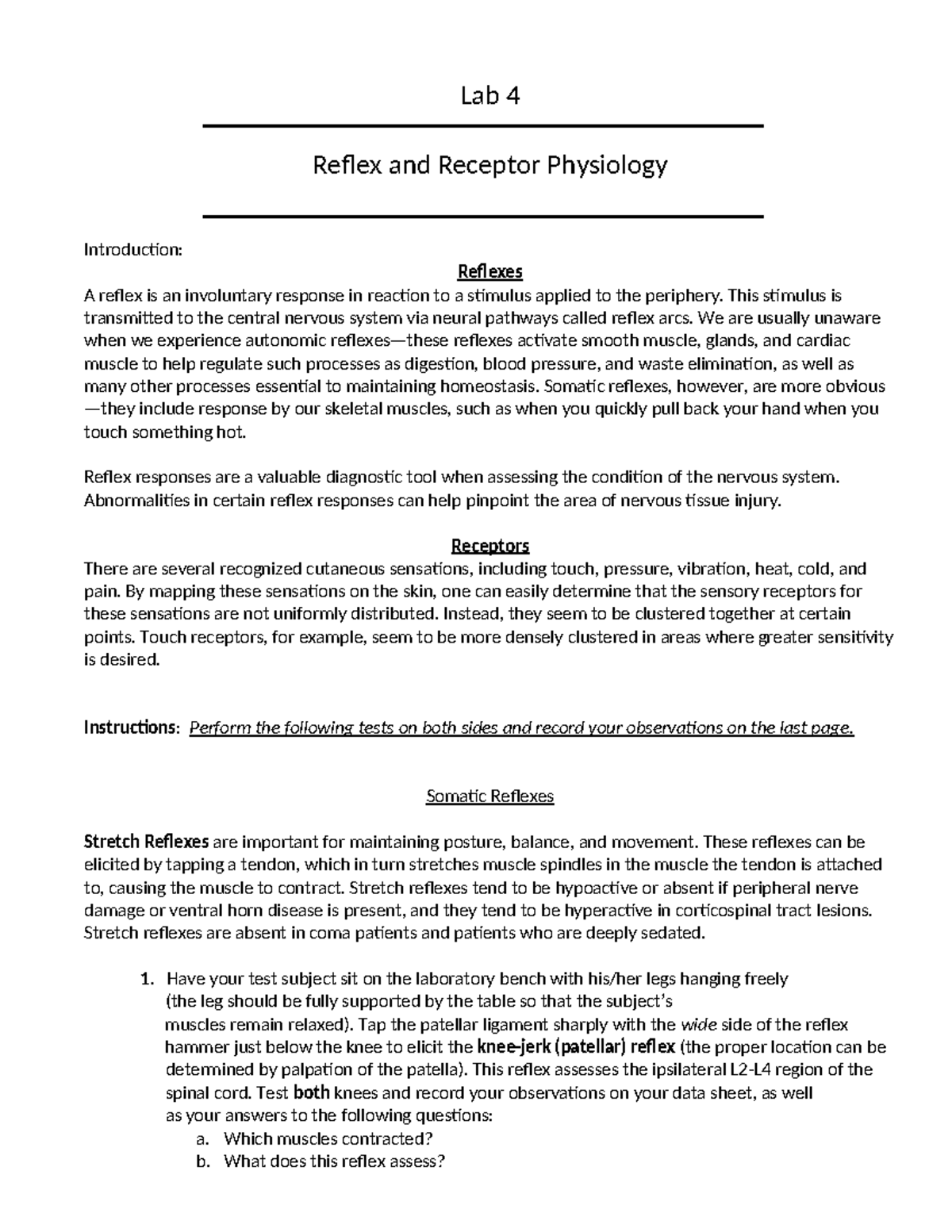 Lab 4: Reflex & Receptor Physiology (BIO 201) - In-Depth Analysis - Studocu