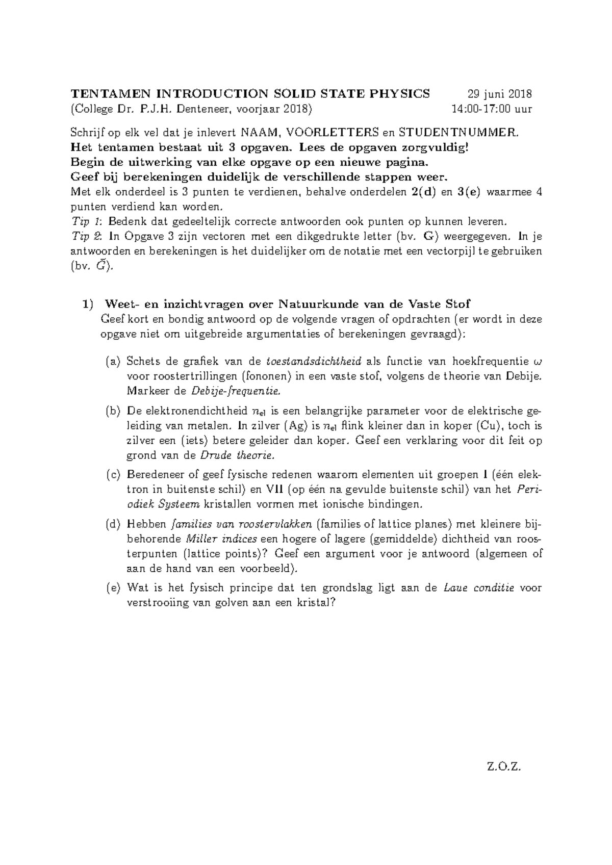 Tentamen ISSP 2018: Introductie Solid State Physics - Studeersnel