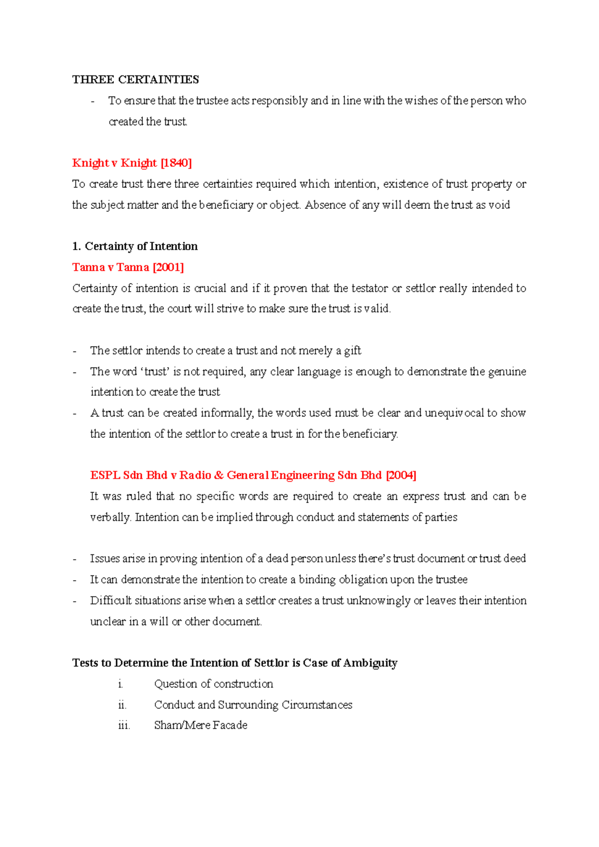 Certainty of Intention in Trusts: Key Legal Principles and Cases - Studocu