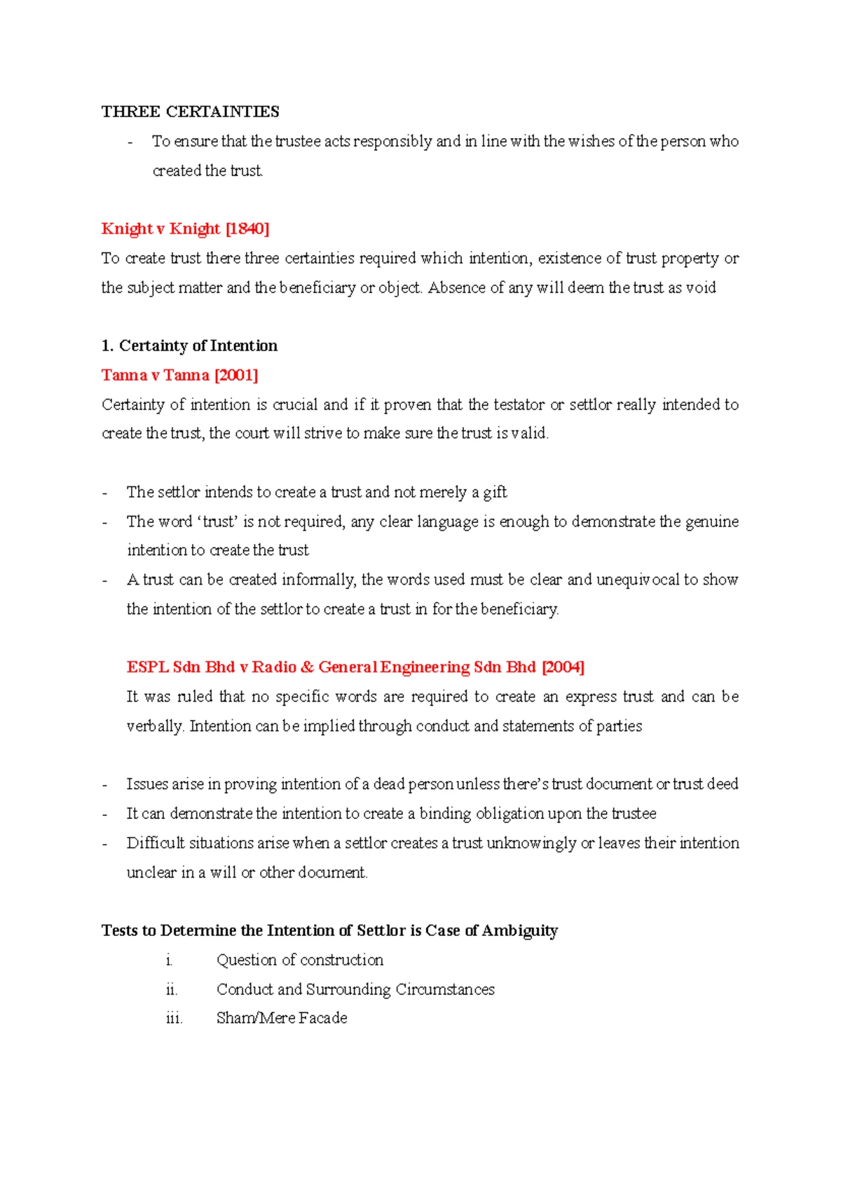 Certainty of Intention in Trusts: Key Legal Principles and Cases - Studocu