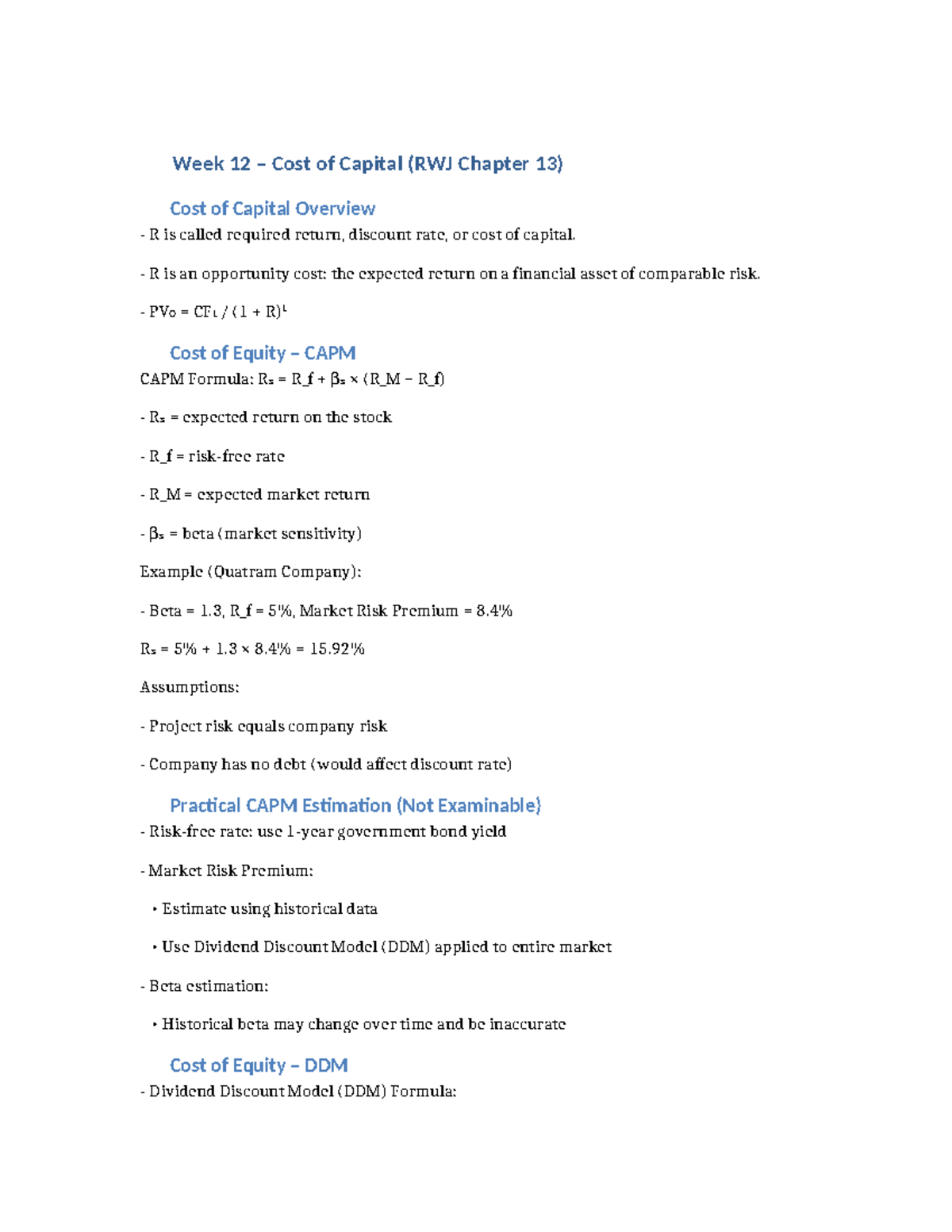 Week 12 Cost of Capital Notes (RWJ Chapter 13) Overview and Key ...