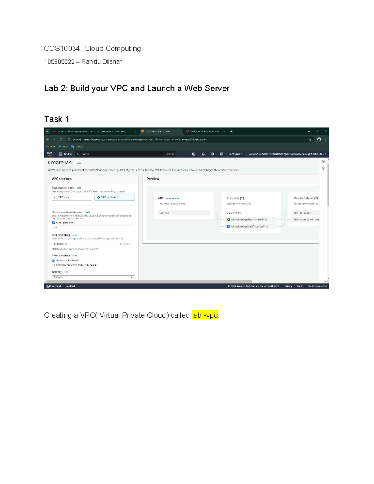 COS10034 Lab 2: VPC Creation & Web Server Launch Guide - Studocu