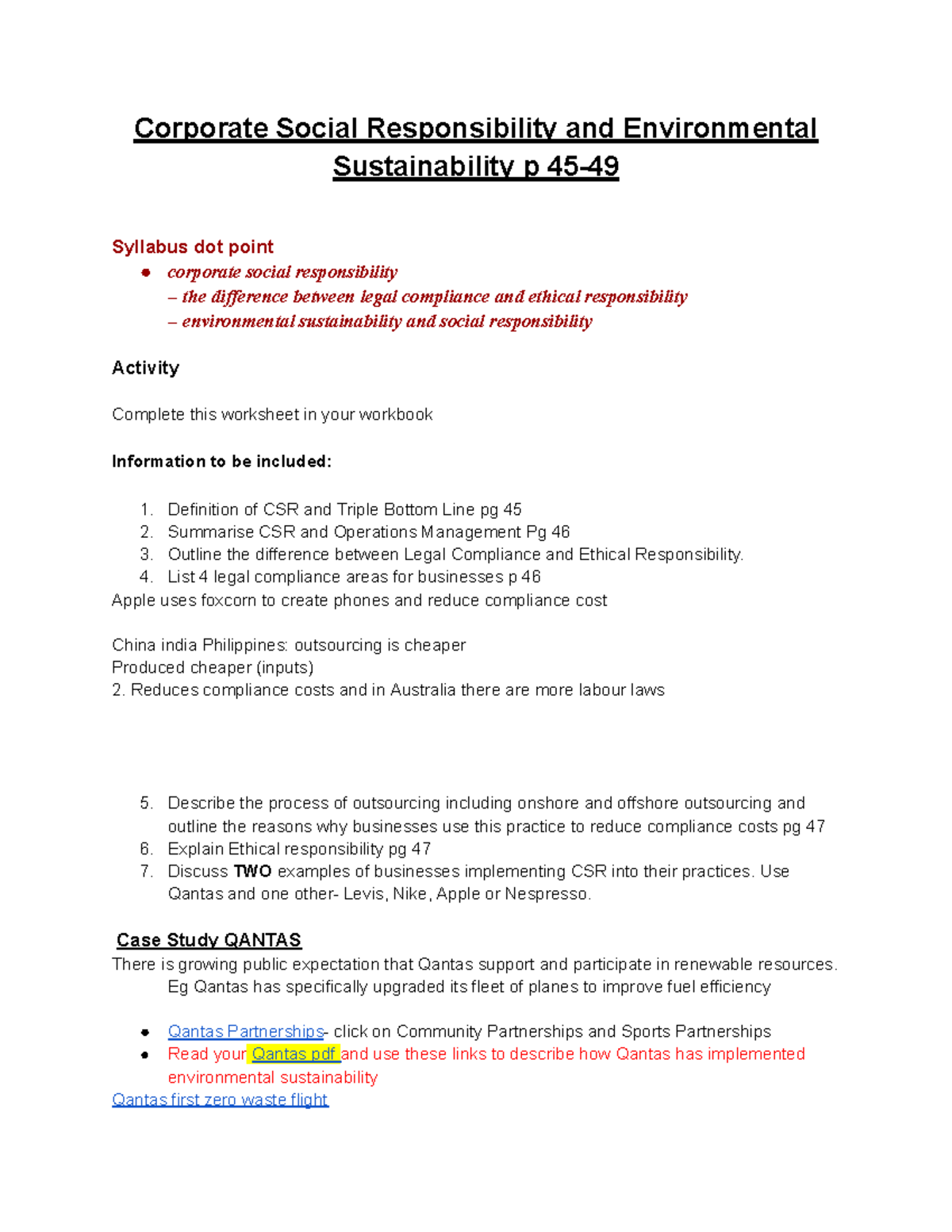 CSR Student Activity - Corporate Social Responsibility Syllabus - Studocu