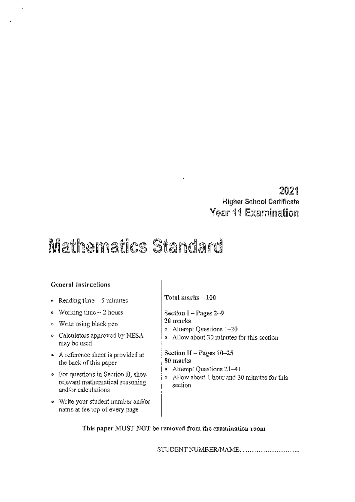 2021 HSC Year 11 Mathematics Standard Exam Paper - Studocu