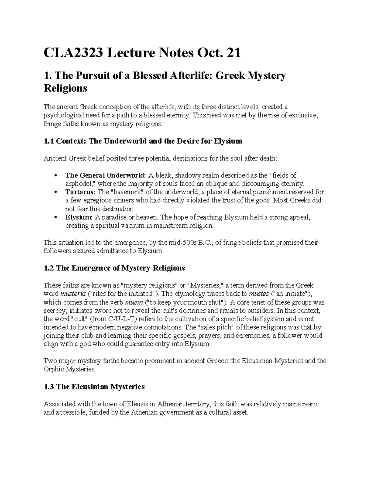 CLA2323 Lecture Notes: Greek Mystery Religions & Afterlife Concepts ...
