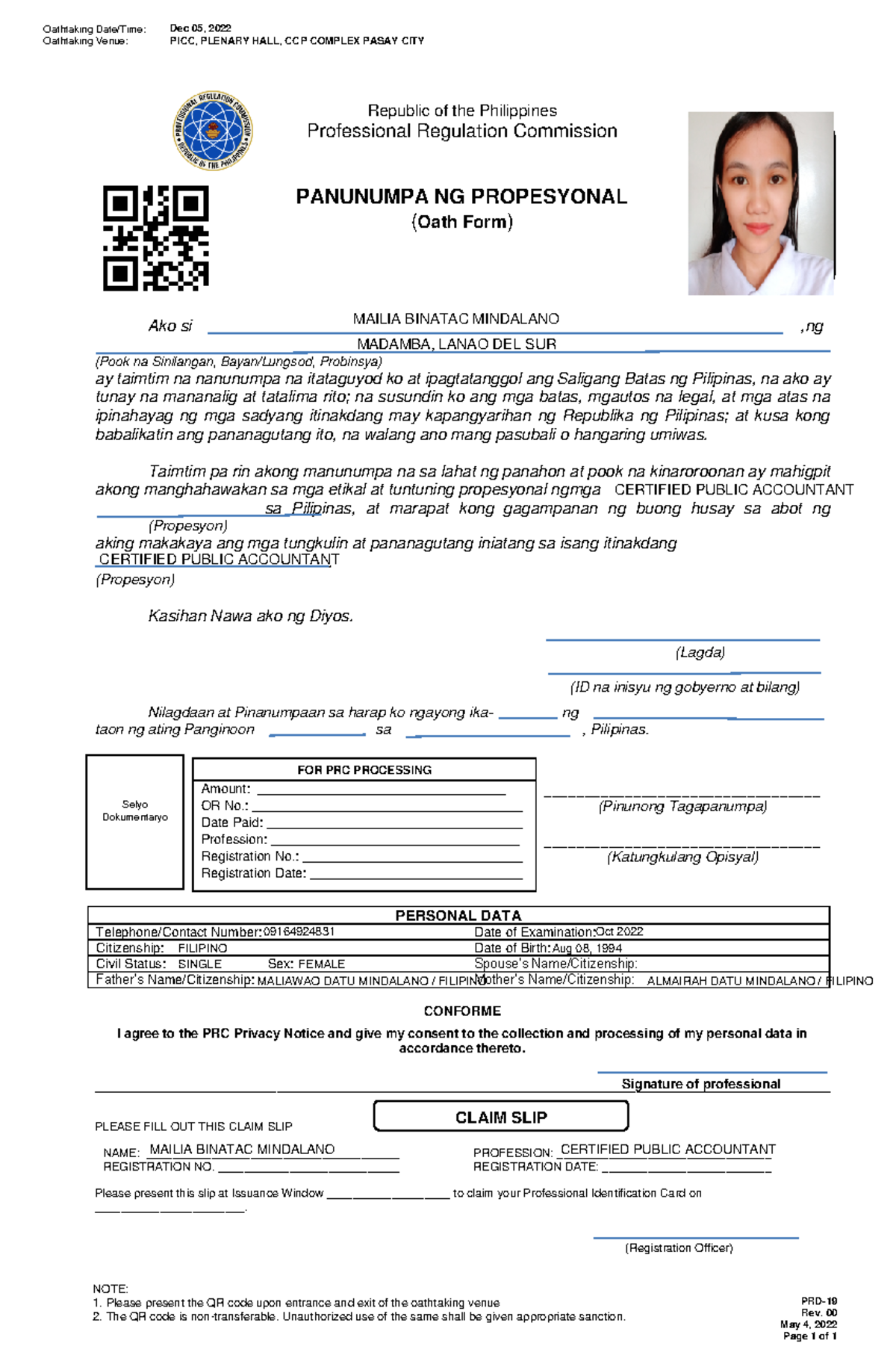 PRC Oath Form and Claim Slip for CPA Candidates (2022) - Studocu