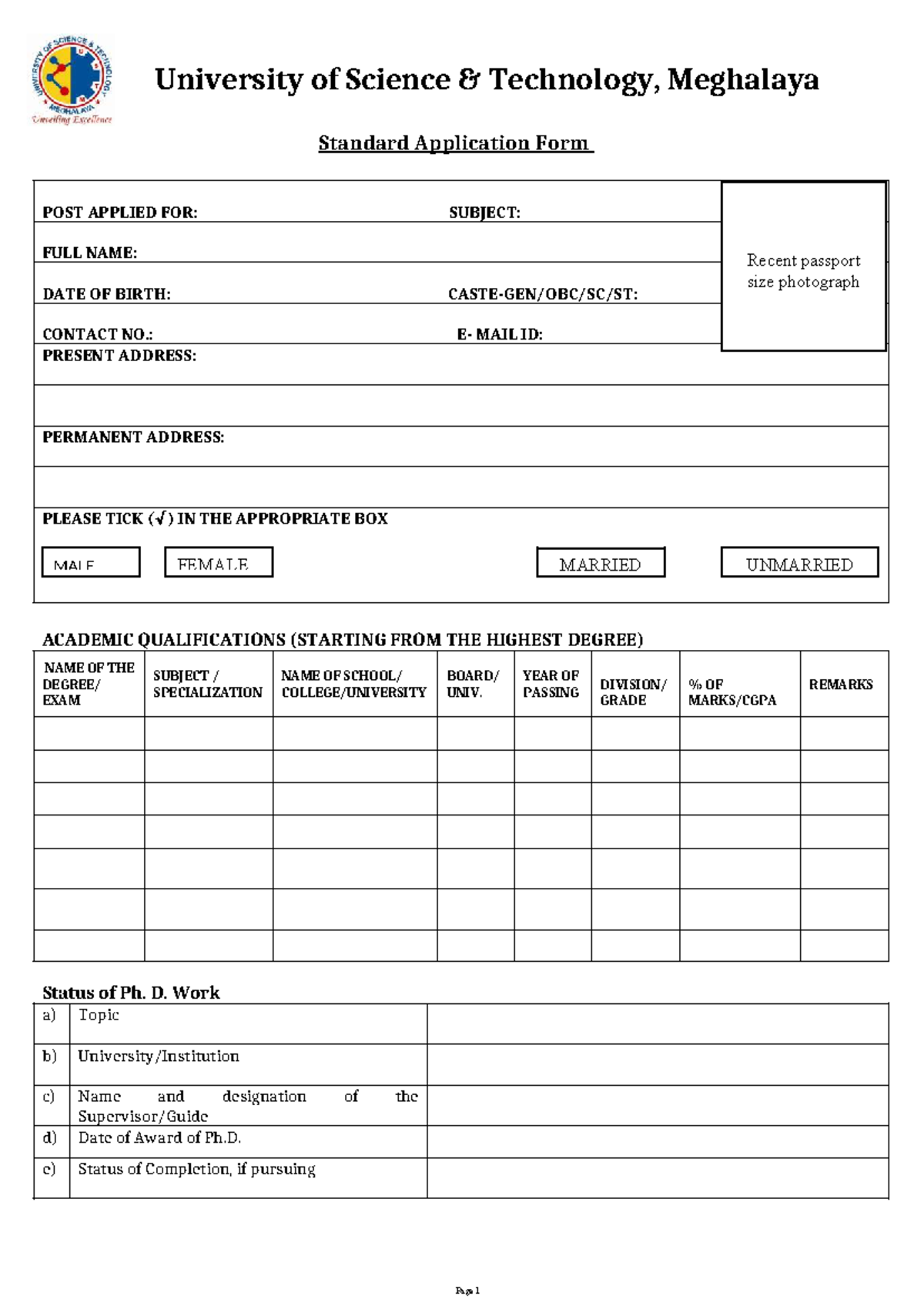 Standard Application Form for USTM Admission - Studocu