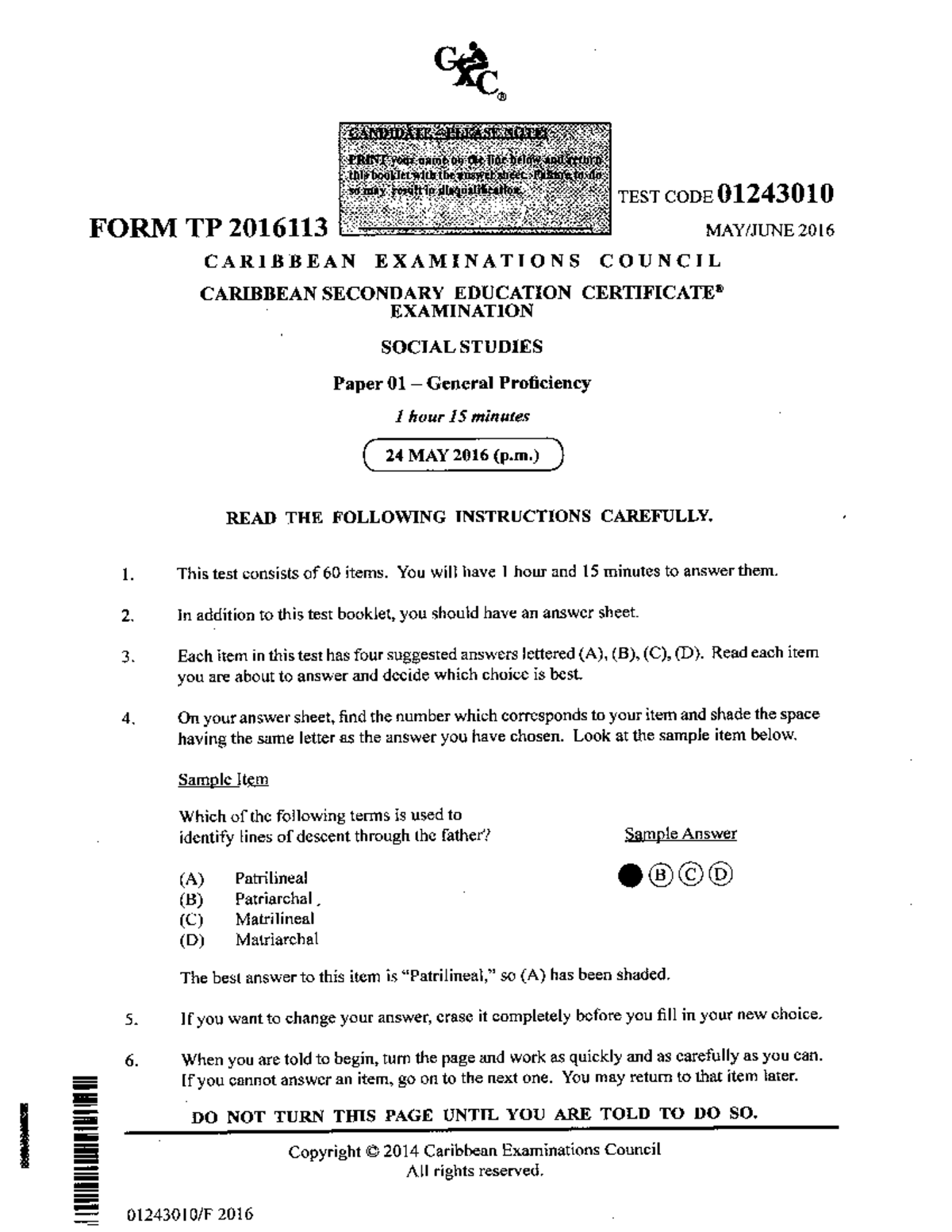 CSEC OI243OIO Social Studies May/June 2016 Paper 01 Exam Guide - Studocu