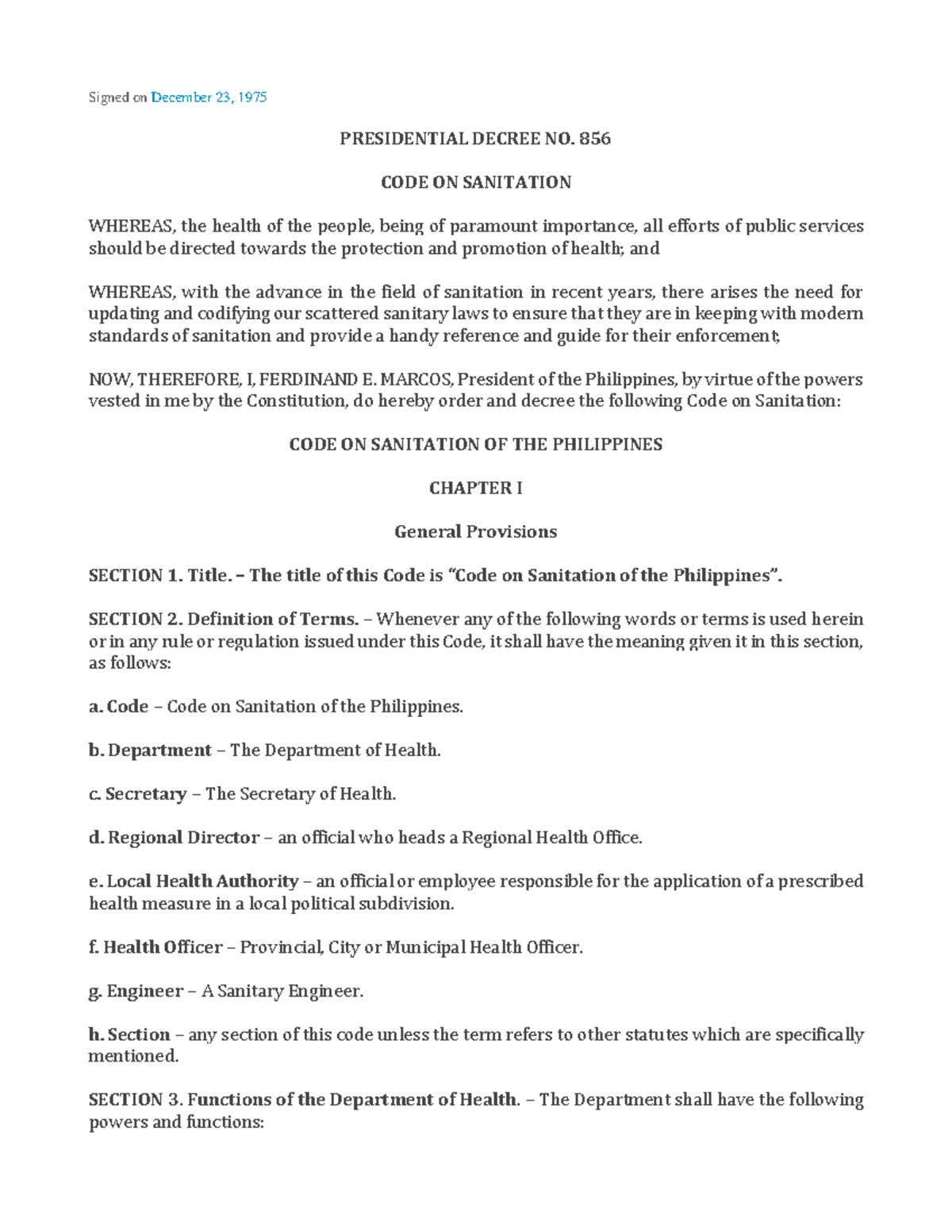 PD 856 - Complete Code on Sanitation of the Philippines (1975) - Studocu