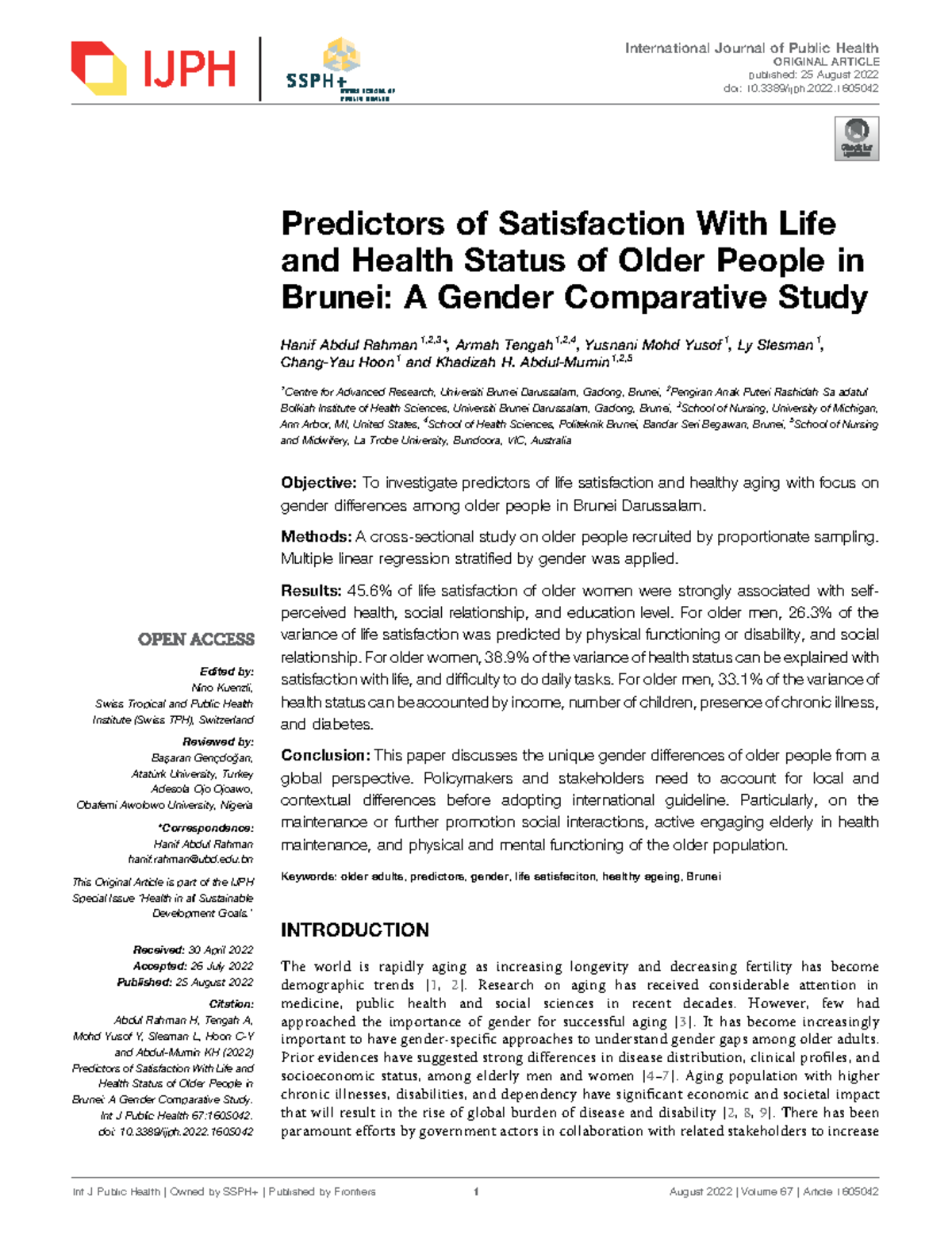 Predictors of Life Satisfaction and Health in Older Adults: A Gender ...
