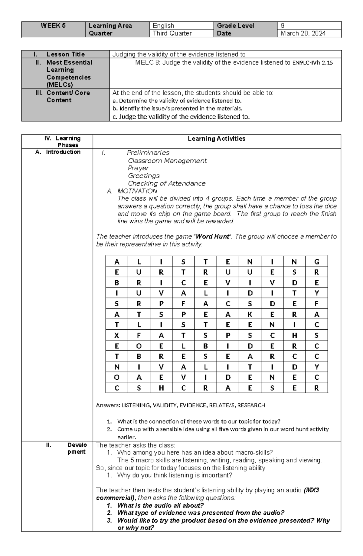 English 9 CO 3 - Final Lesson Plan: Evaluating Validity of Evidence ...