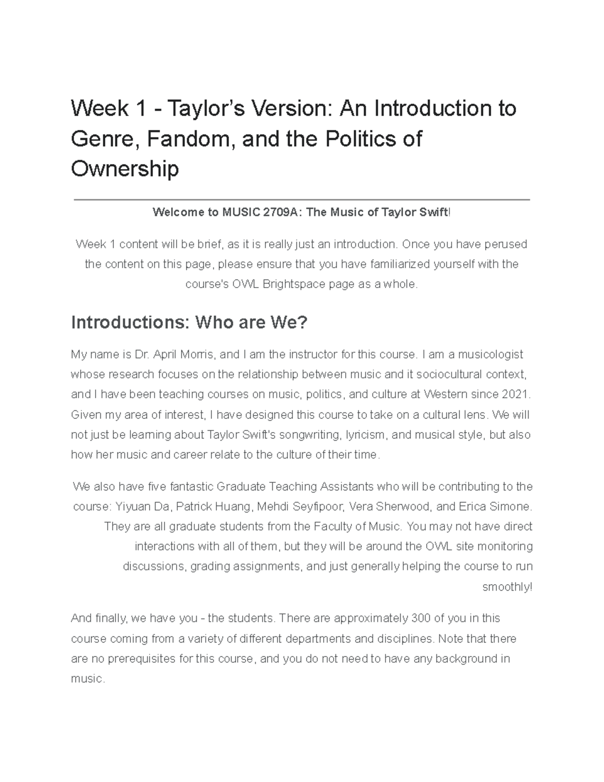 MUSIC 2709A: Week 1 - Intro to Genre, Fandom & Ownership in Taylor ...