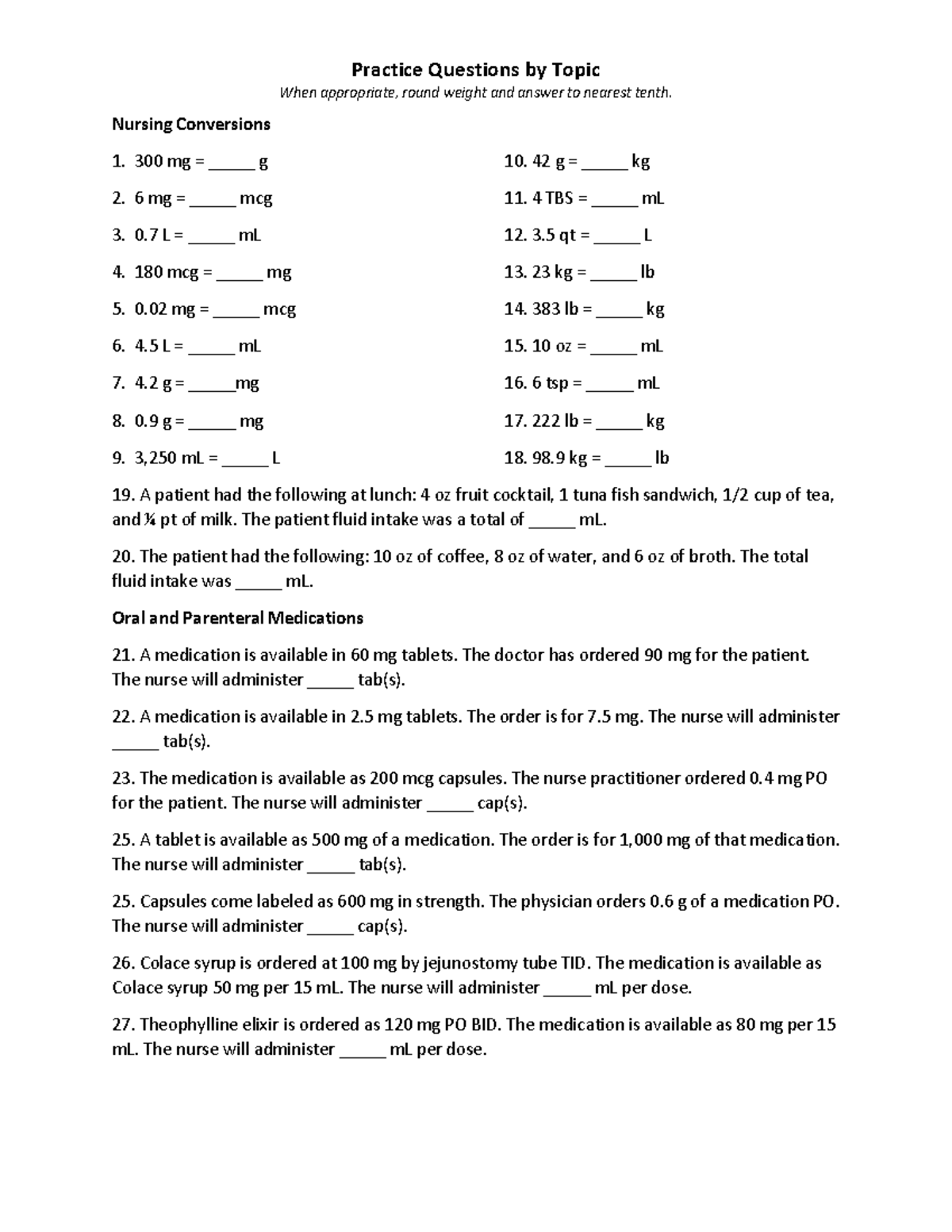 Nursing Practice Problems and Solutions: Med Math Topics - Studocu