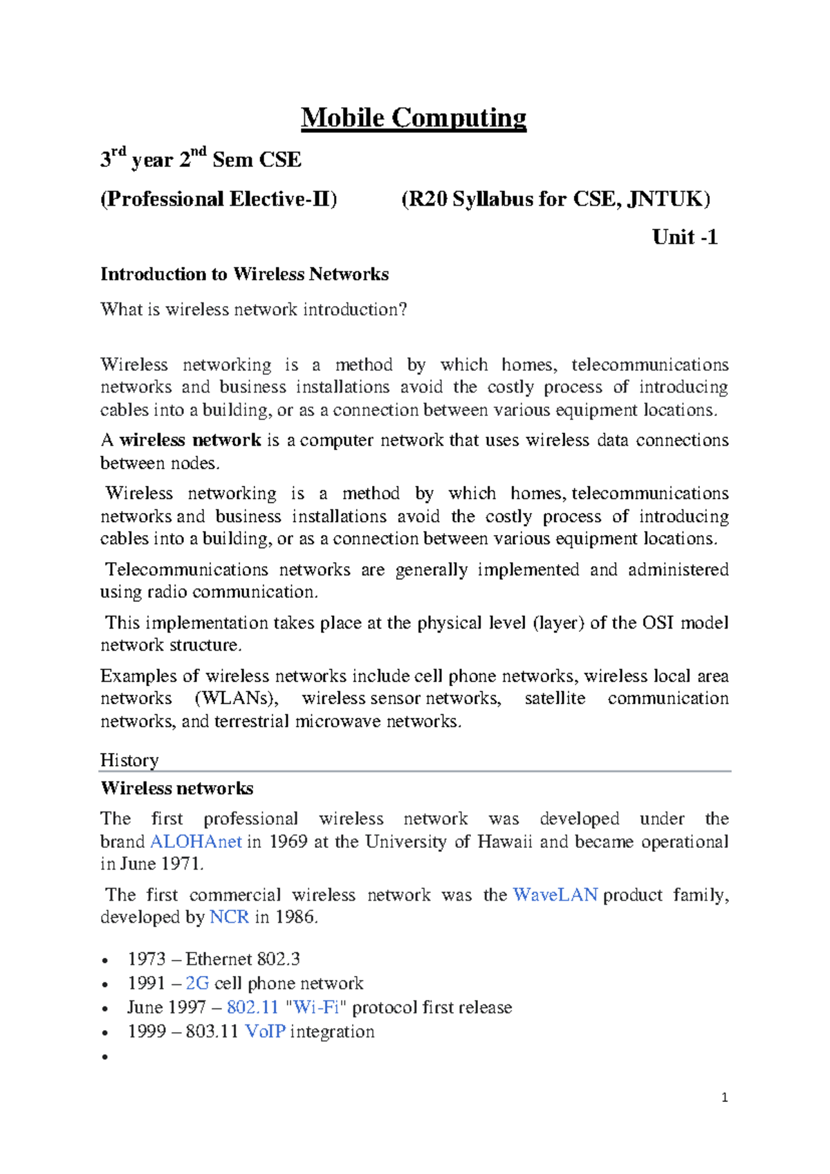 Unit 1: Introduction to Wireless Networks - Mobile Computing (CSE 3rd ...