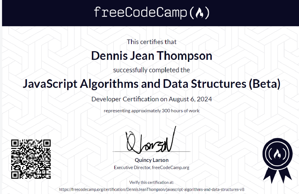 Certificate thompson,dennis - freeCodeCamp (A) This certifies that ...