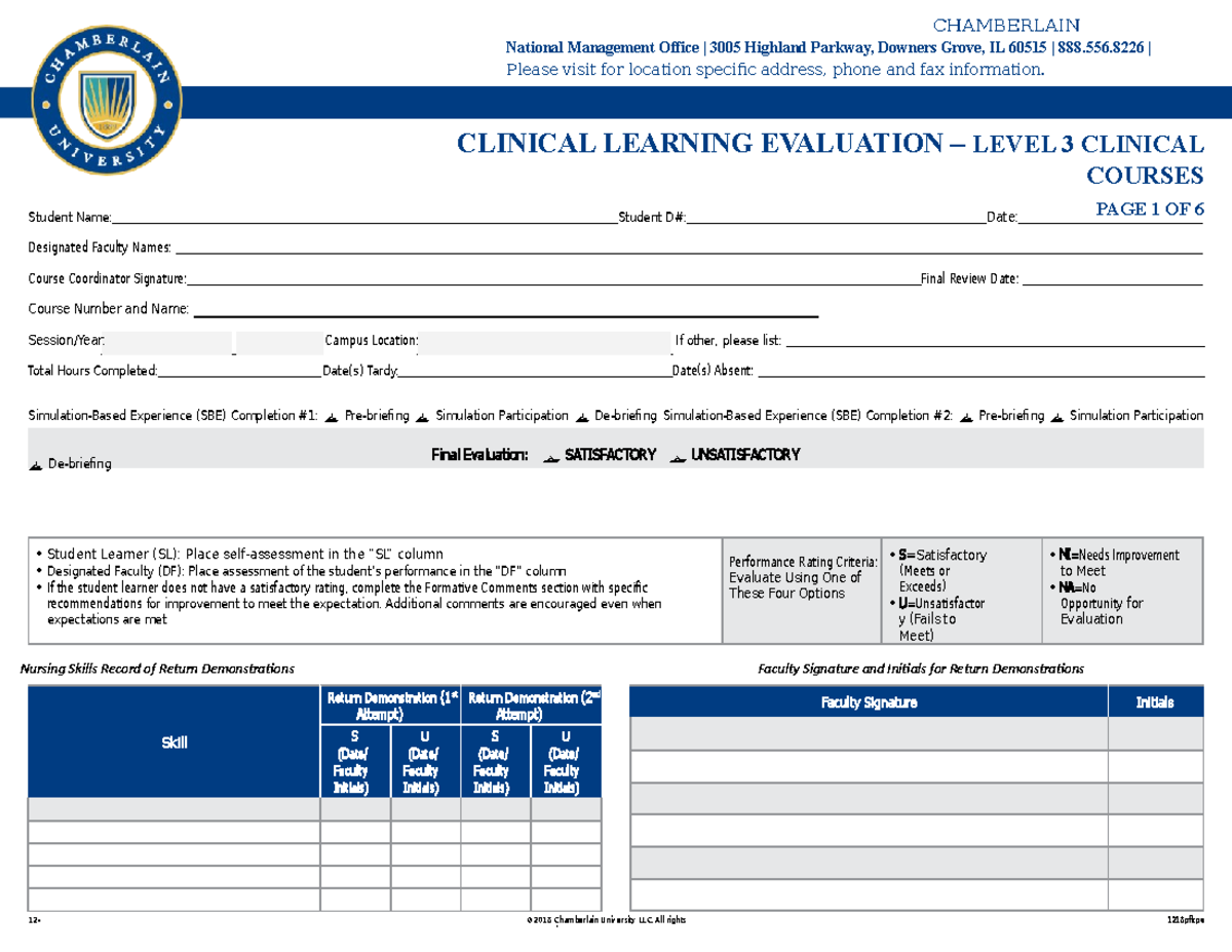 Chamberlain L3 Clinical Learning Eval: Performance & Competency ...