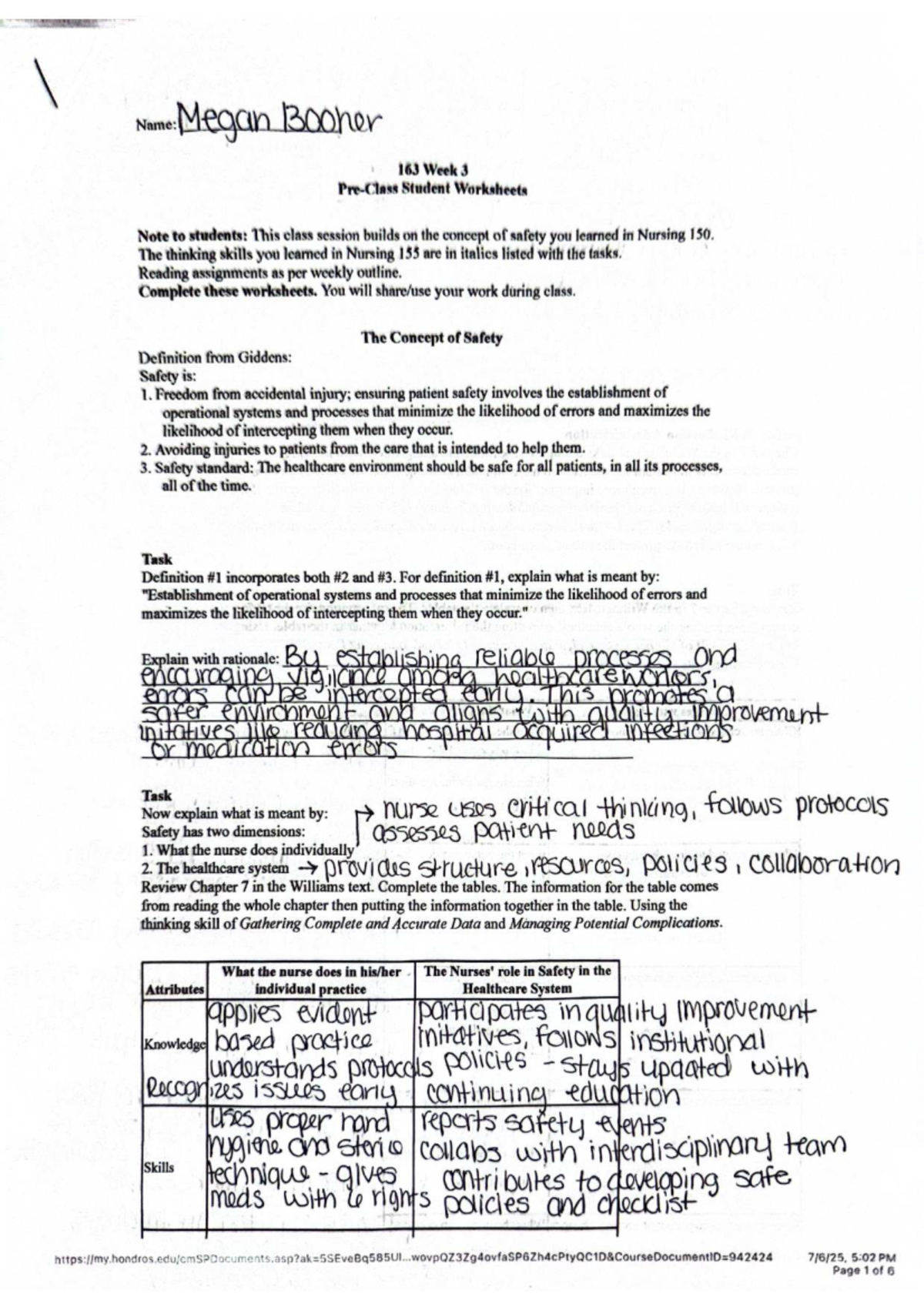 NUR 163 Week 3 Student Worksheets on Safety and Patient Care - Studocu