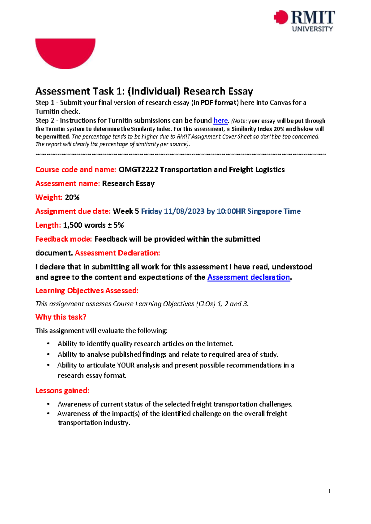 Assessment 1 Guidelines - Assessment Task 1: (Individual) Research ...