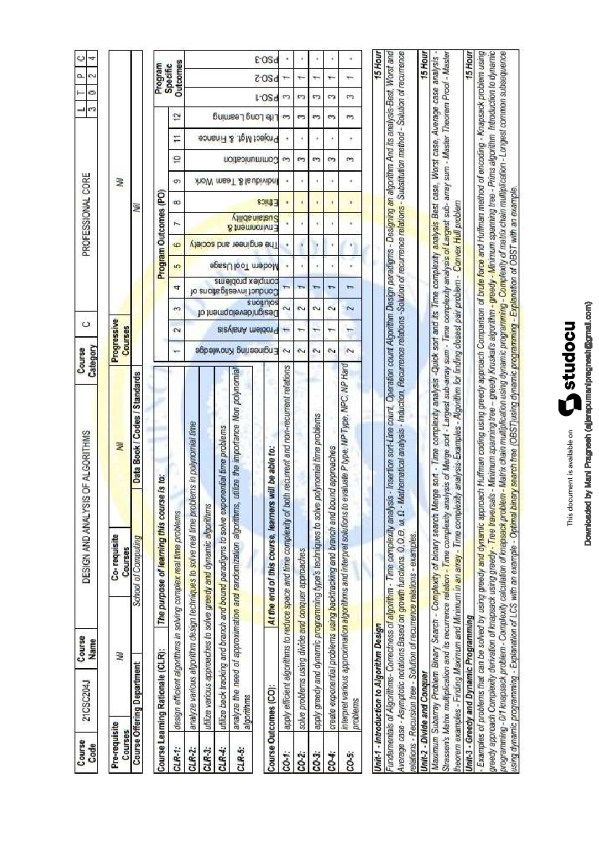 Syllabus for Course 21CSC204J: Design and Analysis of Algorithms - Studocu