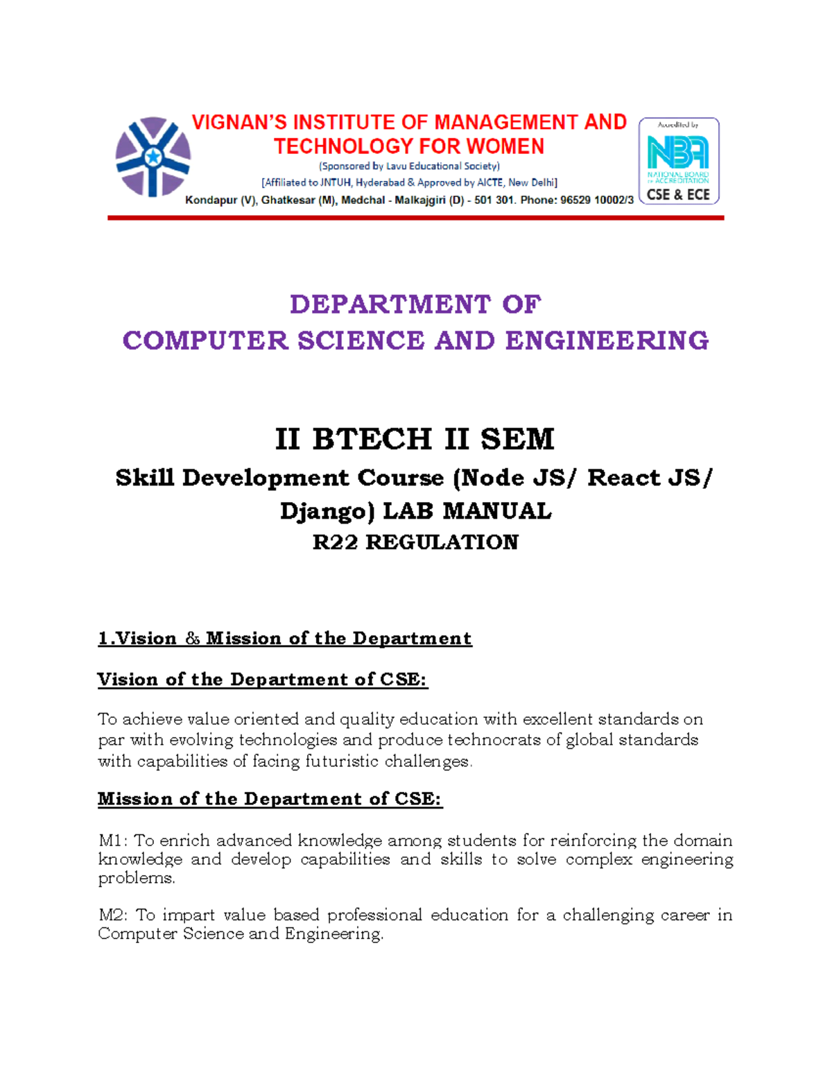 Skill Development Course II (R22) Node JS, React JS, Django Lab Manual ...