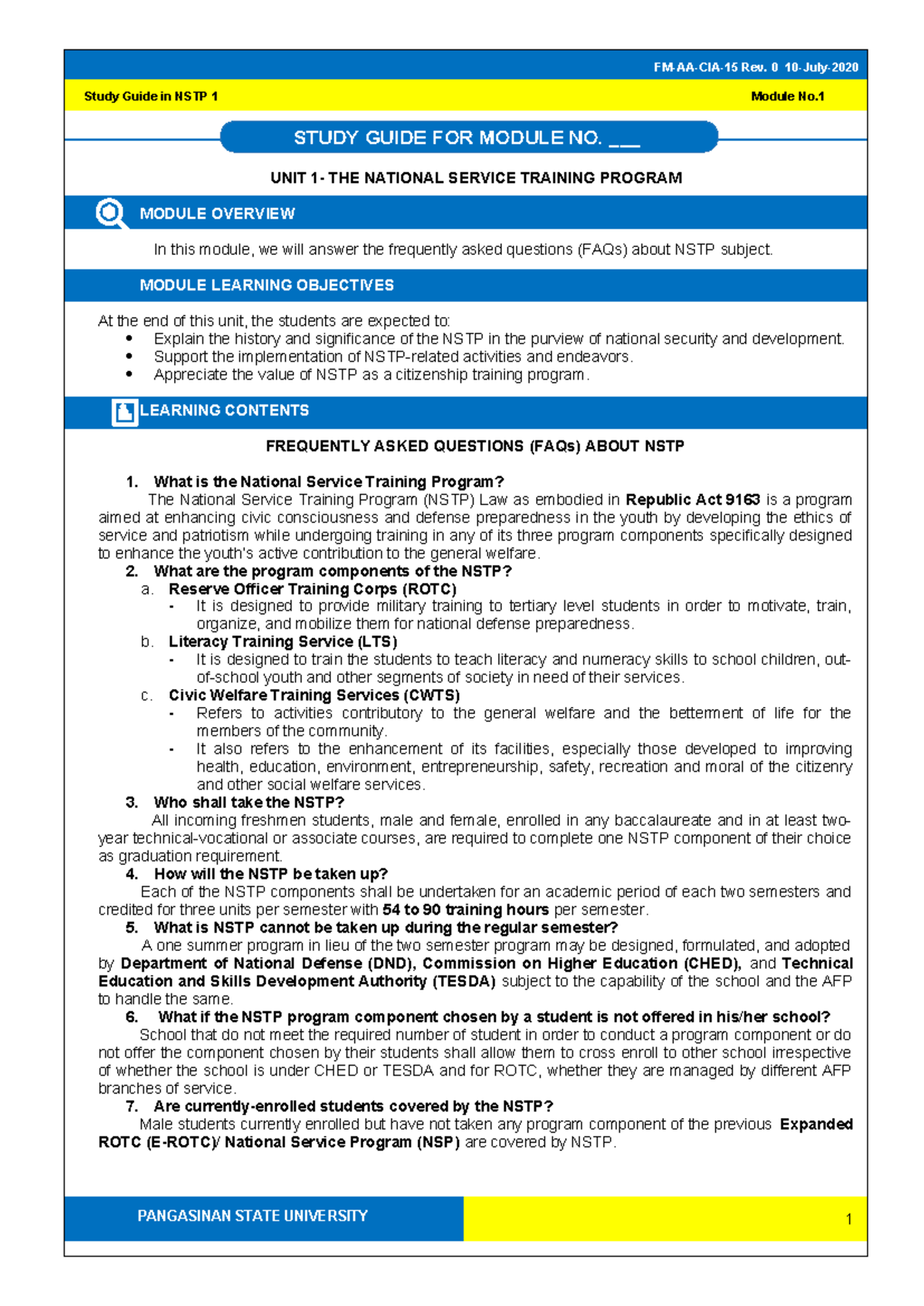 NSTP 1 Study Guide: FAQs on National Service Training Program - Studocu