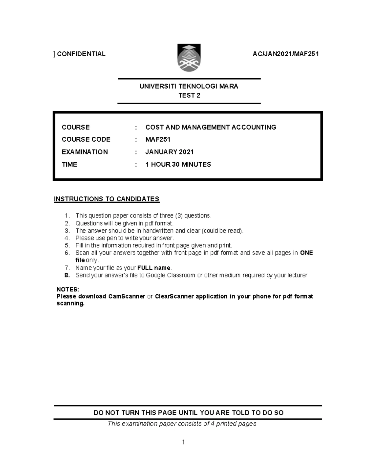TEST 2 - MAF251: Cost & Management Accounting Exam Solutions - Jan 2023 ...