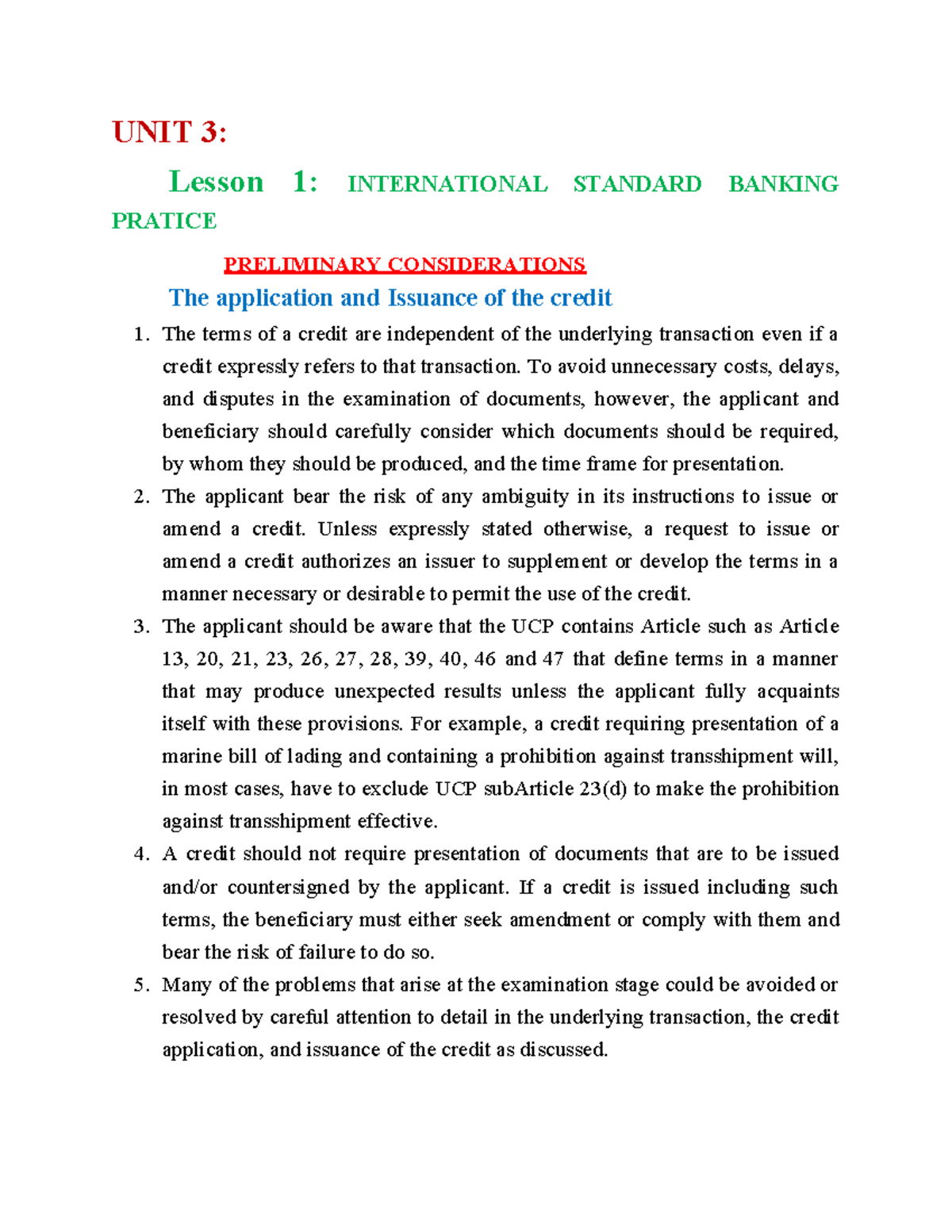 UNIT 3: Lesson 1: International Standard Banking Practice Overview ...