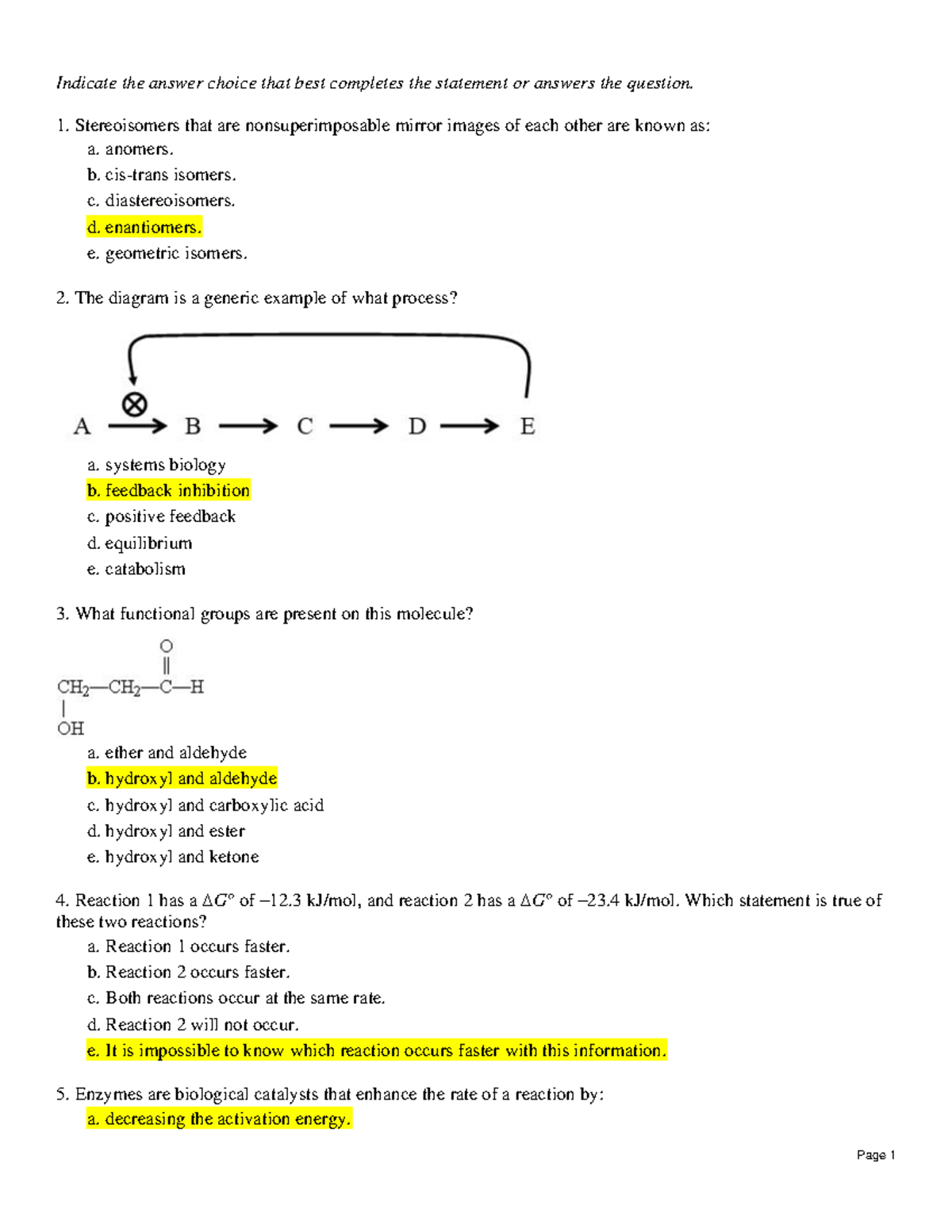 SC313 Fund of Biochemistry Problem Set #1 (Ch 1-4) - Indicate the ...